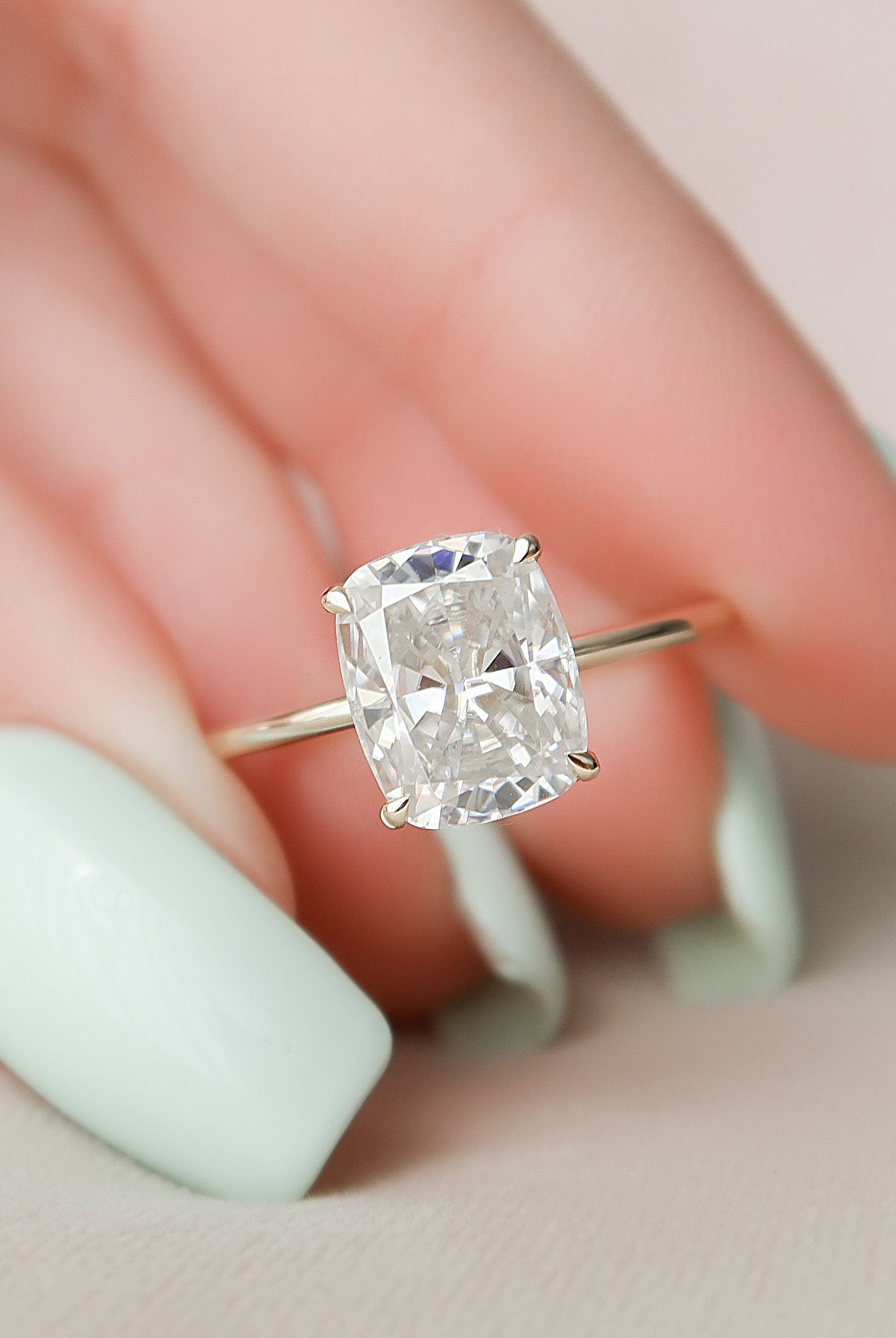 4.0CT Elongated Cushion Hidden Halo Moissanite Diamond Two Tone Engagement Ring