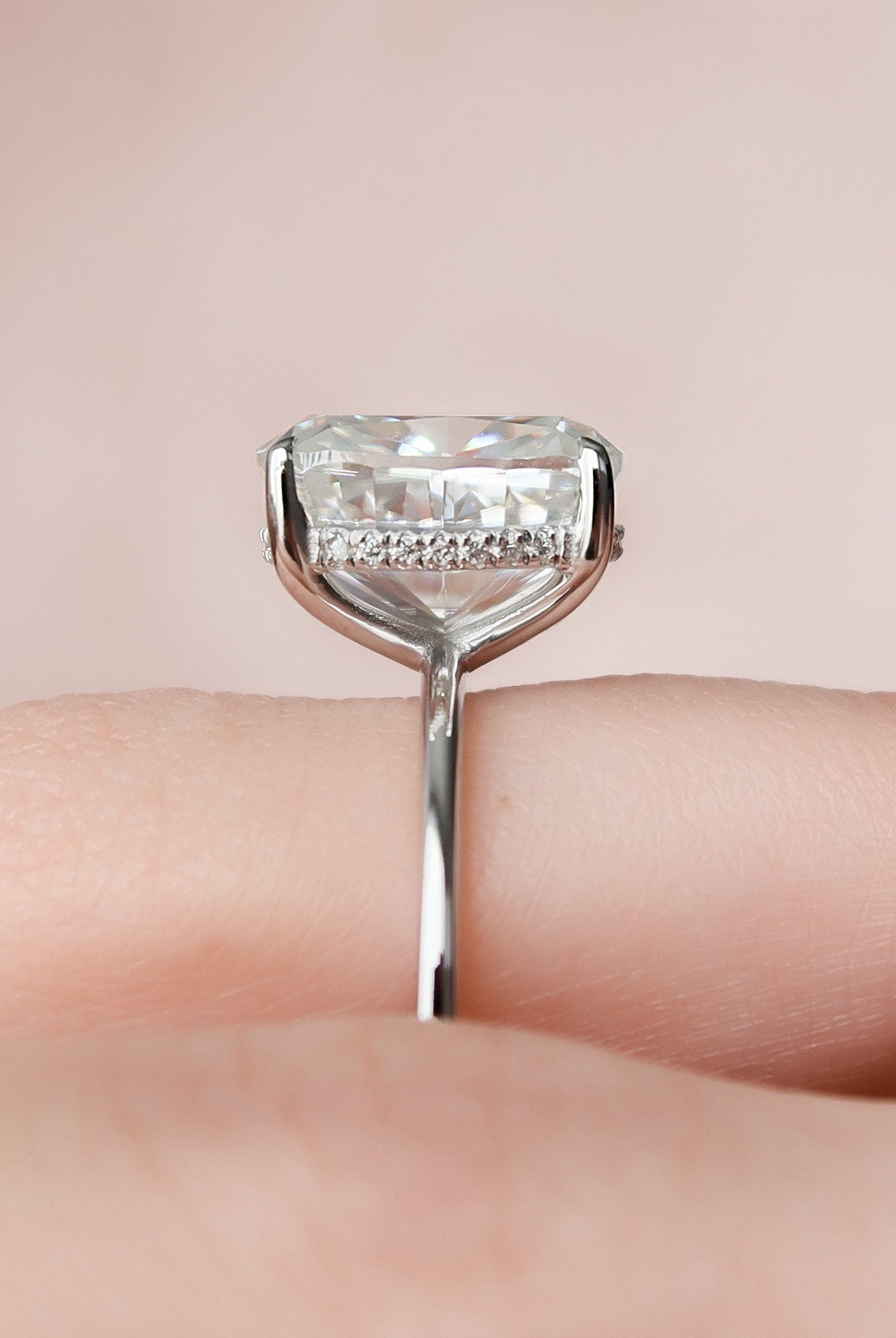 6.0CT Elongated Cushion Hidden Halo Moissanite Diamond Solitaire Engagement Ring
