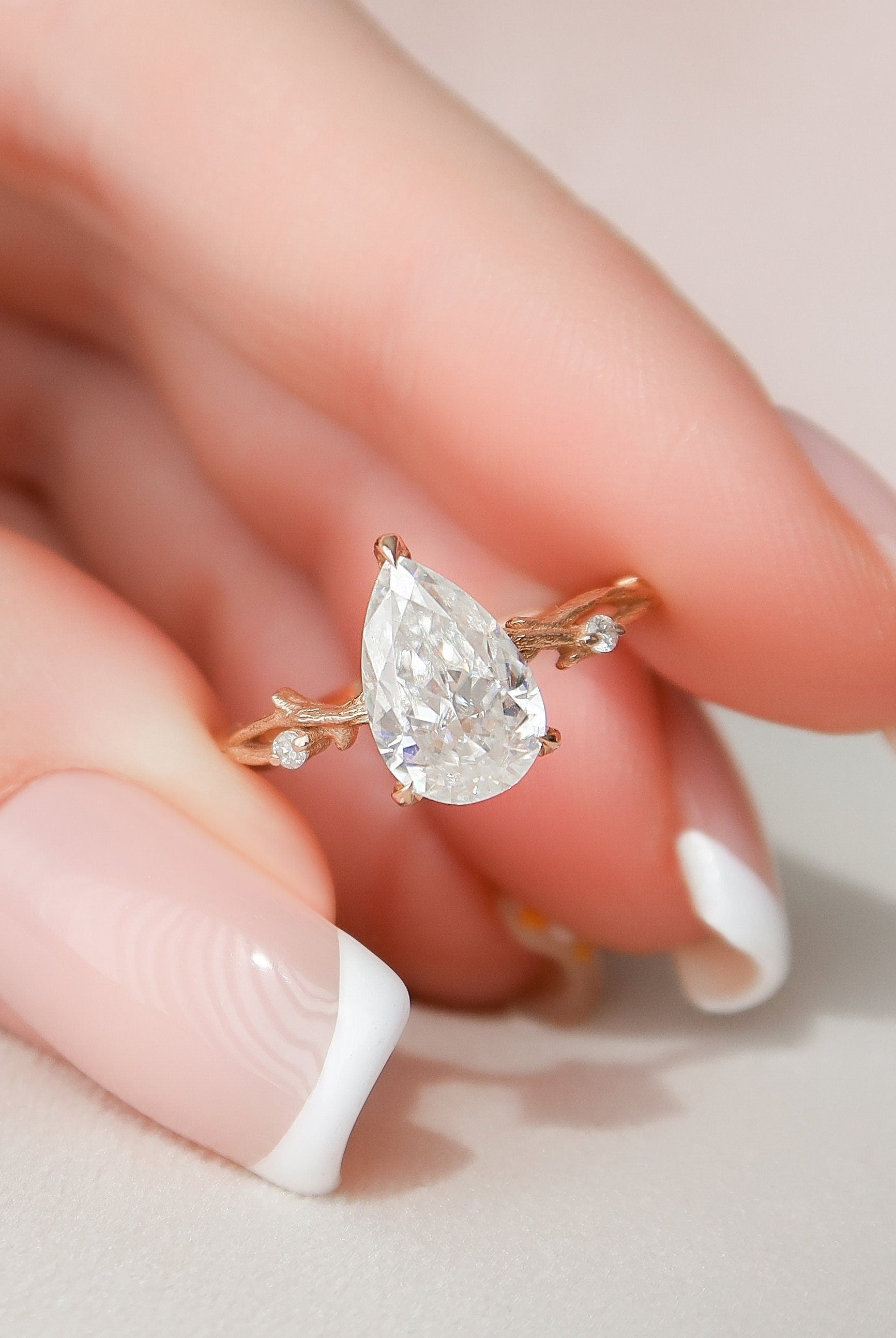 1.50CT Pear Twig Moissanite Diamond Engagement Ring In Solid Gold