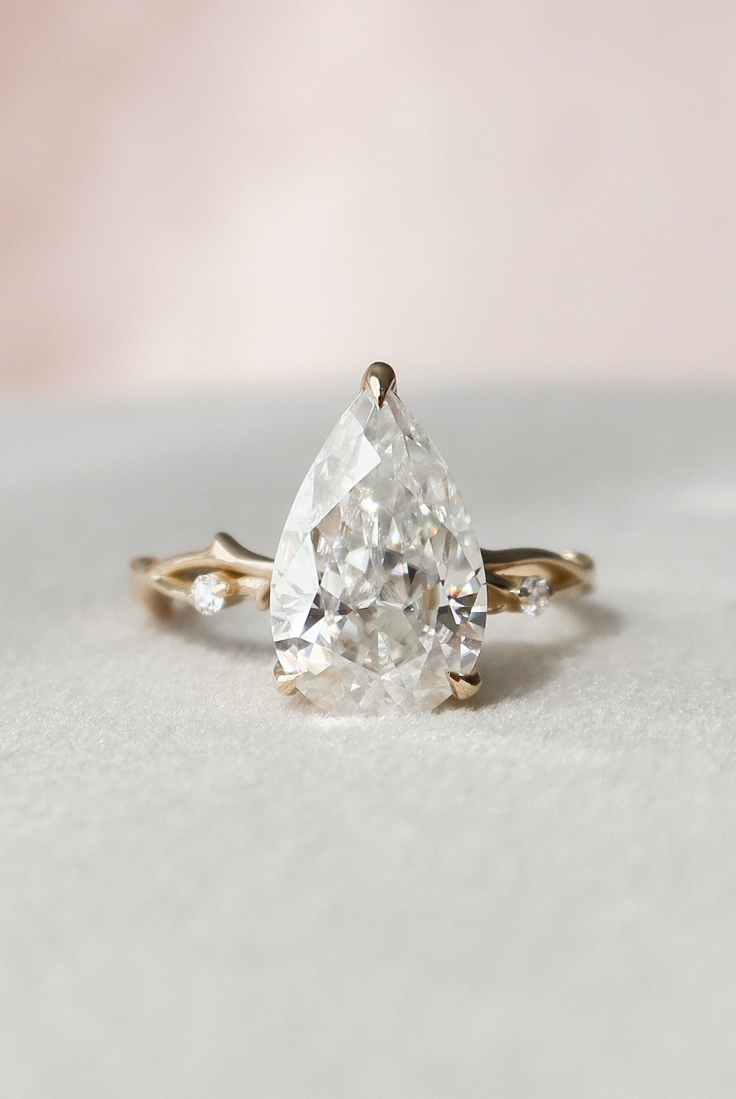 2.50CT Pear Twig Moissanite Diamond Three Prong Engagement Ring