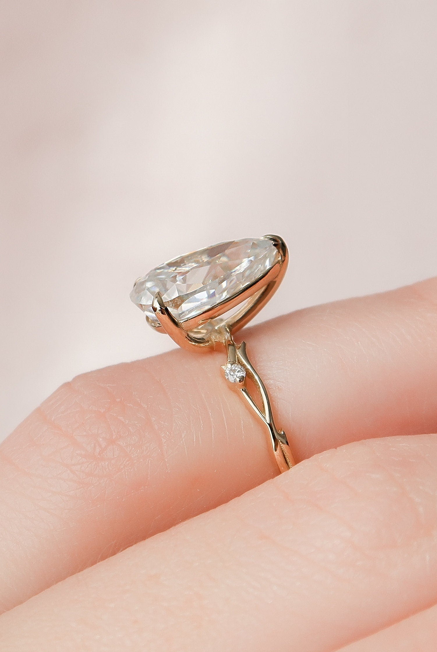 2.50CT Pear Twig Moissanite Diamond Three Prong Engagement Ring