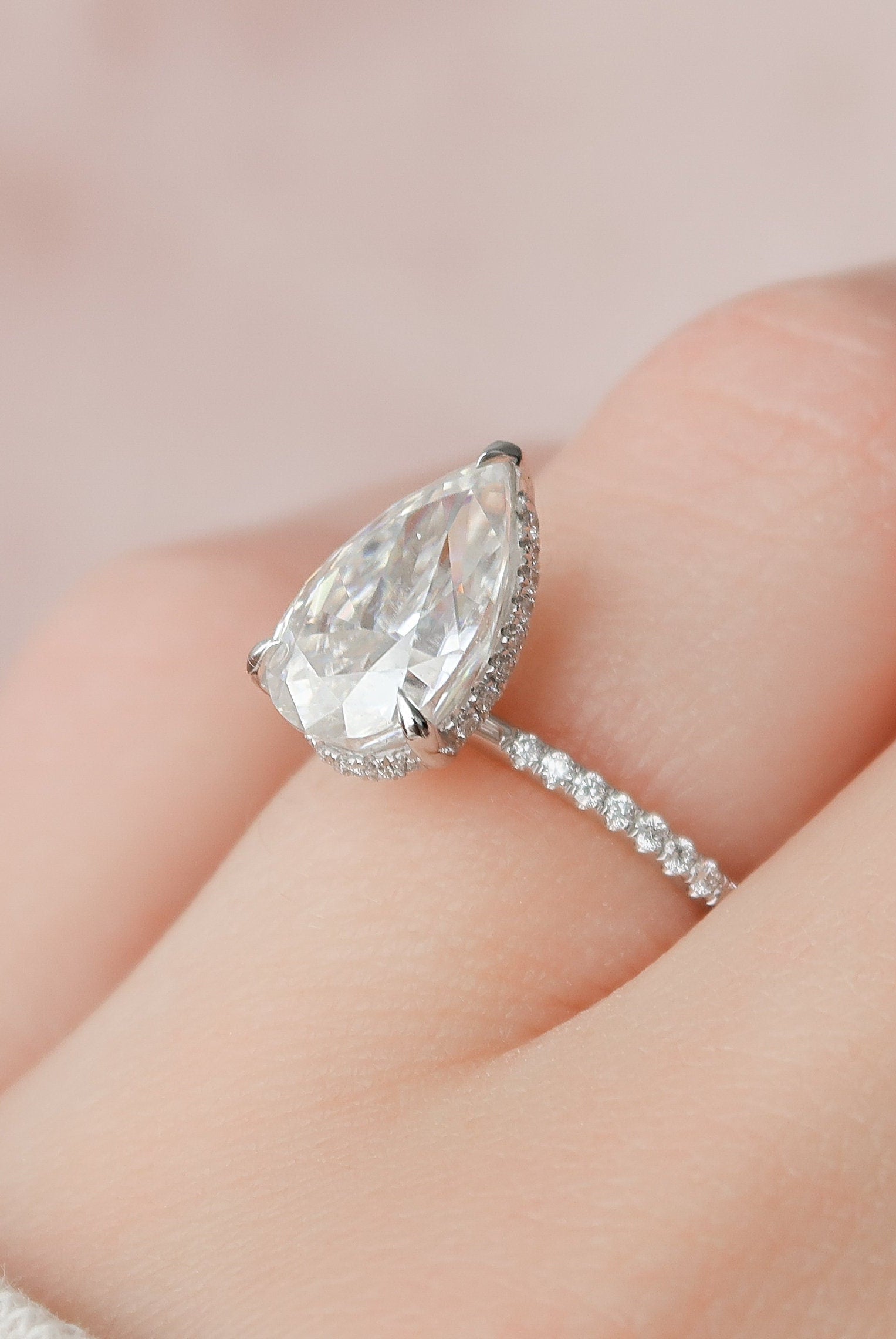 2.50CT Pear Pave Moissanite Diamond Hidden Halo Engagement Ring