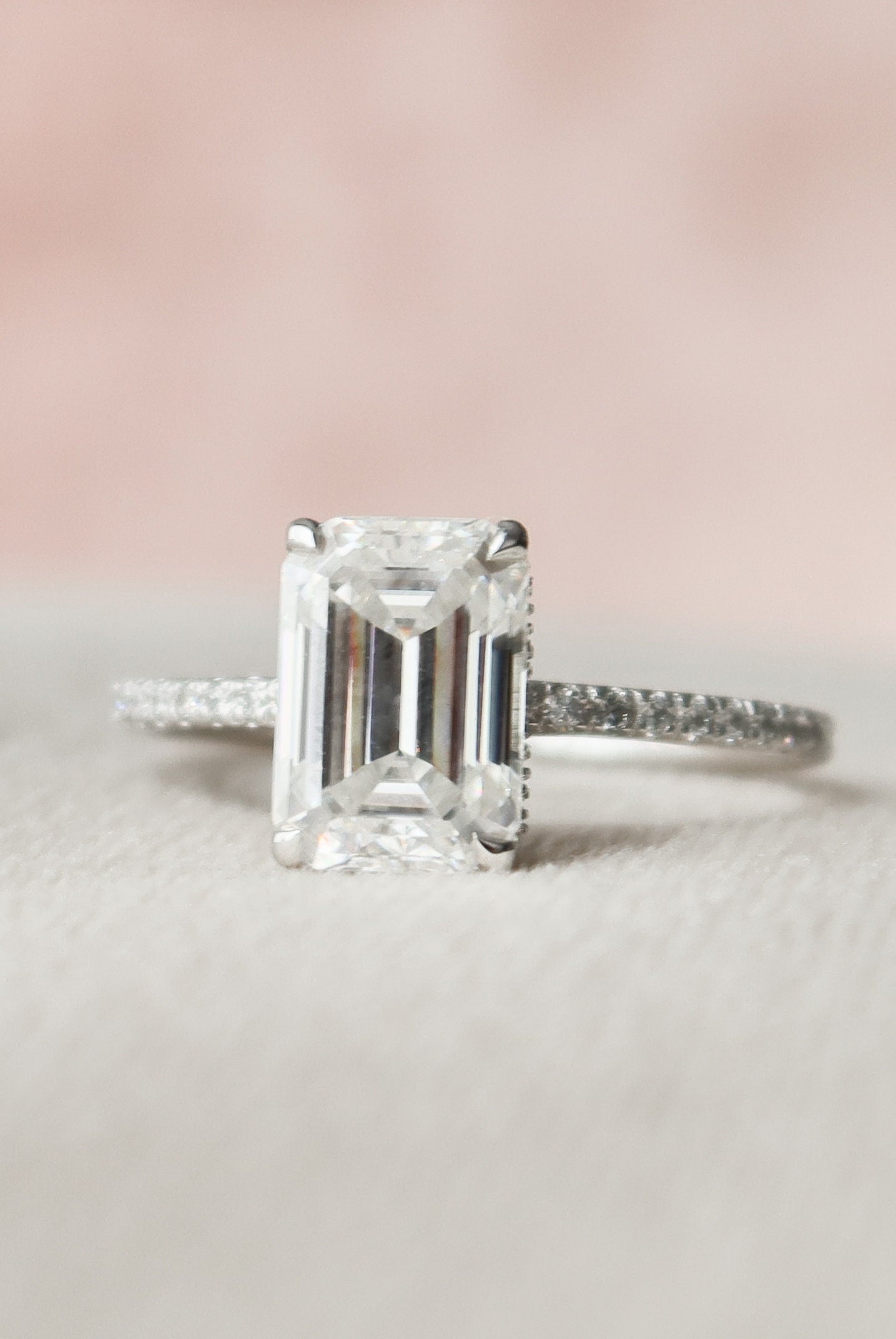 3.0CT Emerald Cut Pave Moissanite Diamond Hidden Halo Engagement Ring