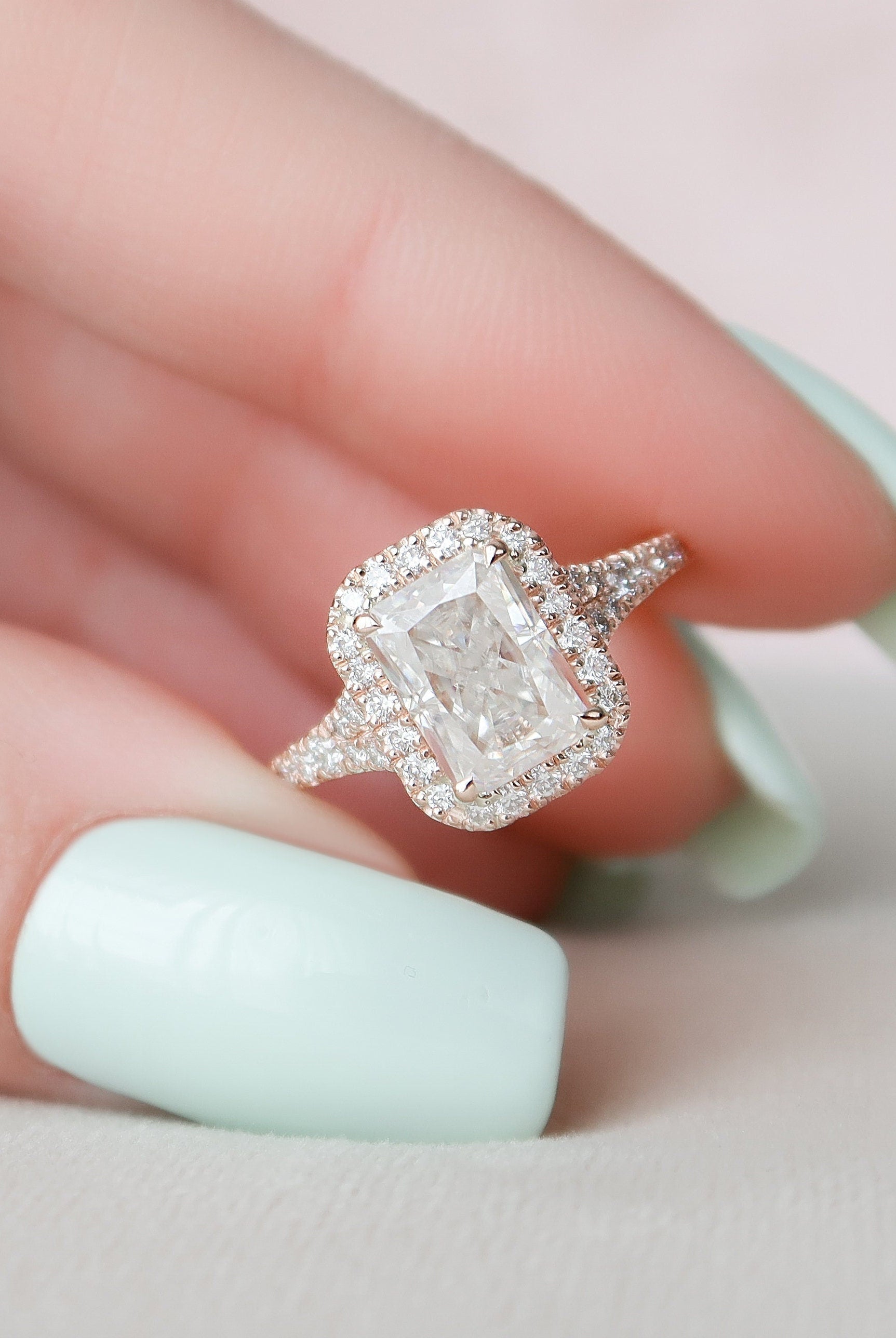 3.50CT Radiant Hidden Halo Moissanite Diamond Split Shank Engagement Ring
