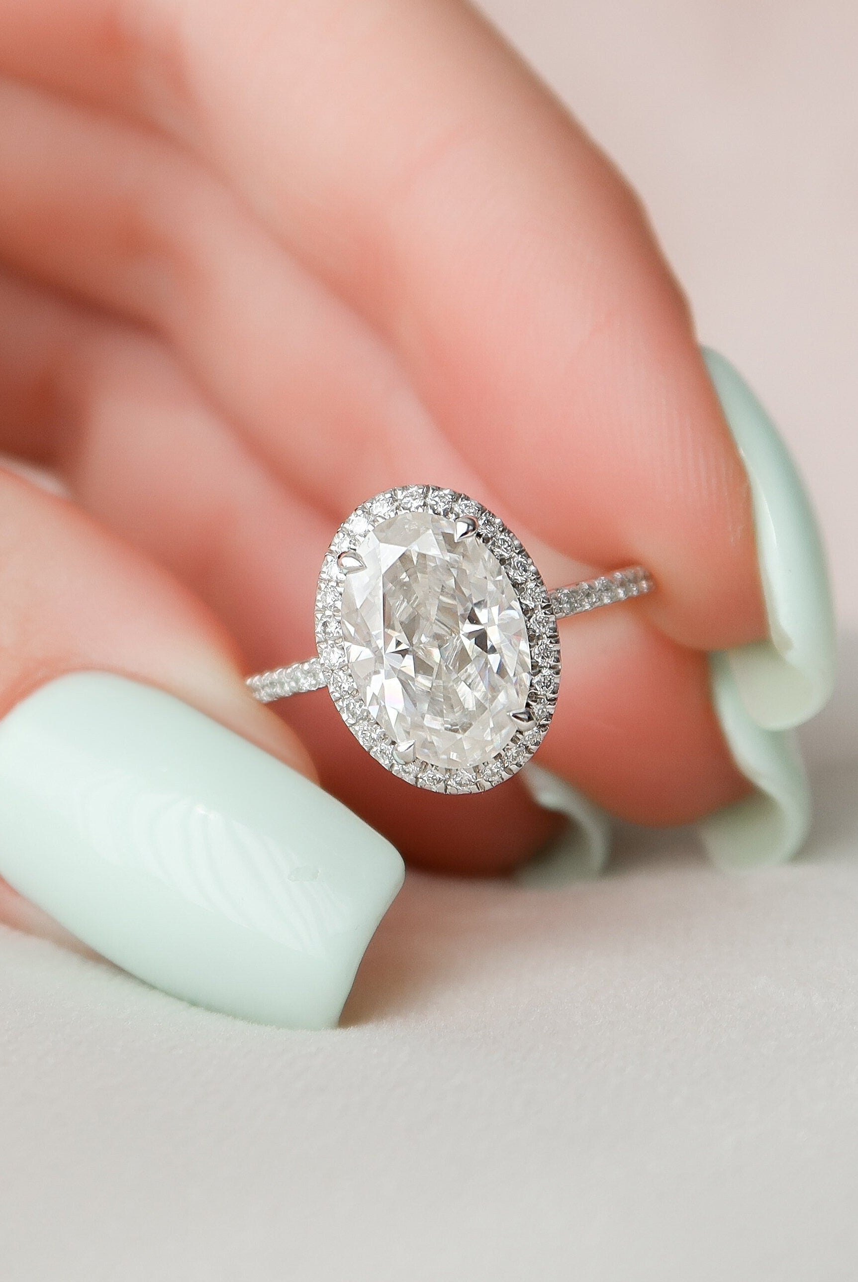 2.50CT Oval Pave Moissanite Diamond Halo Engagement Ring In Solid Gold
