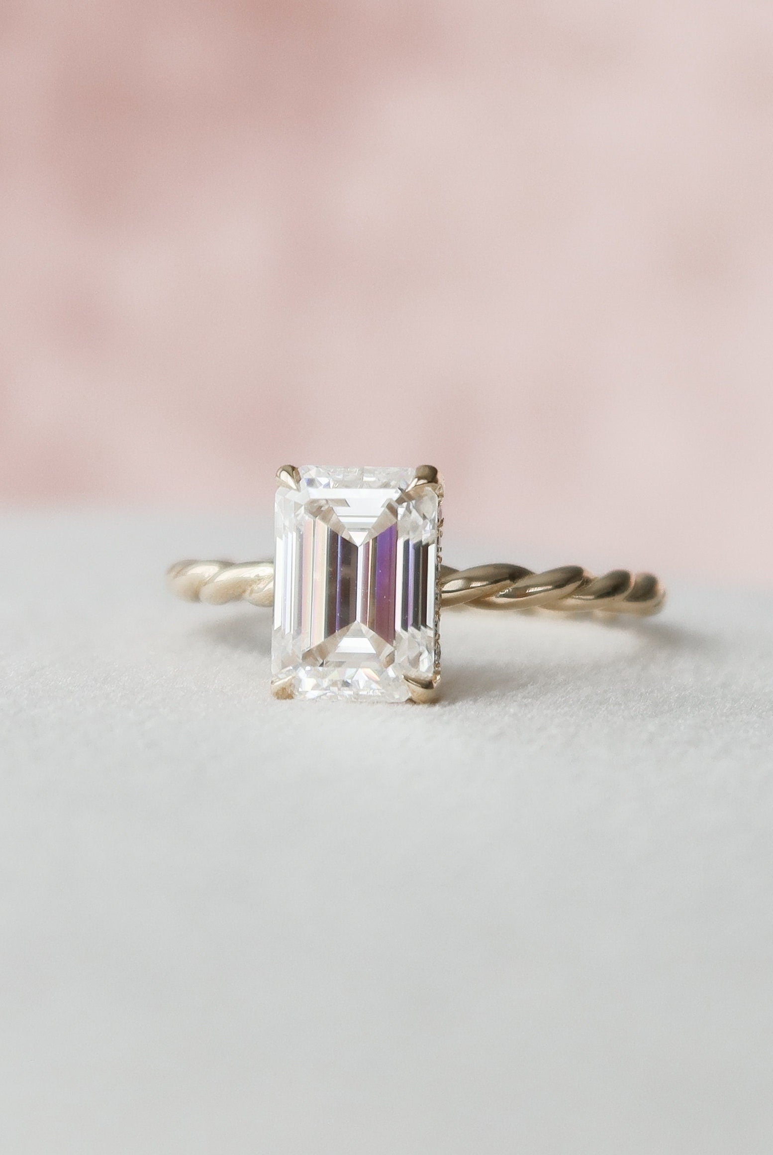 2.0CT Emerald Cut Hidden Halo Moissanite Diamond Braided Engagement Ring