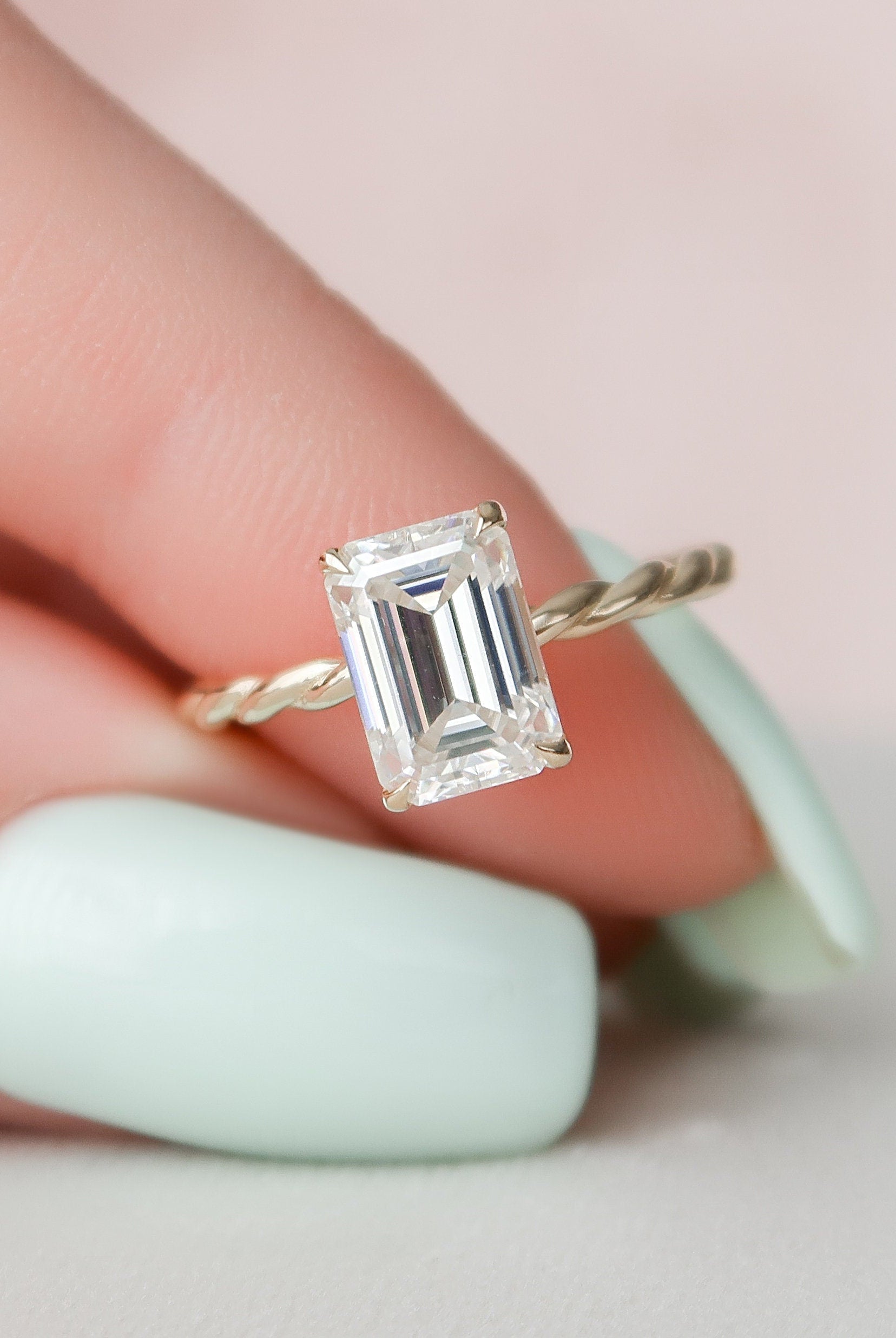 2.0CT Braided Emerald Cut Hidden Halo Moissanite Diamond Engagement Ring