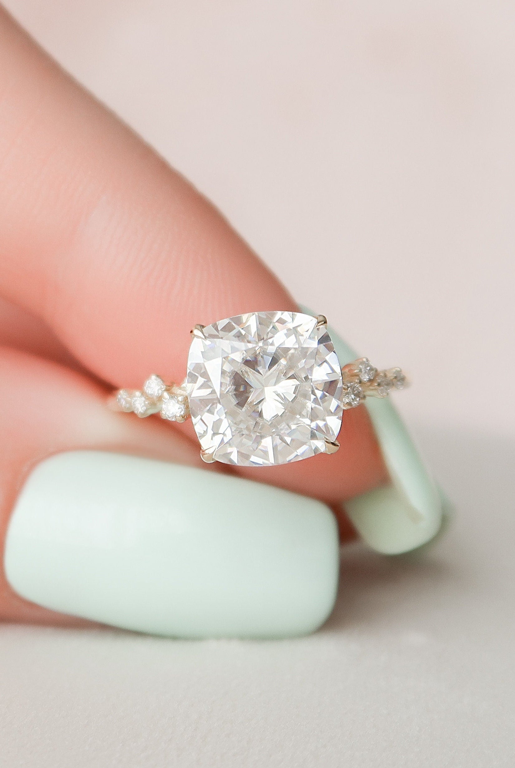 4.0CT Cushion Zig Zag Pave Moissanite Diamond Hidden Halo Engagement Ring