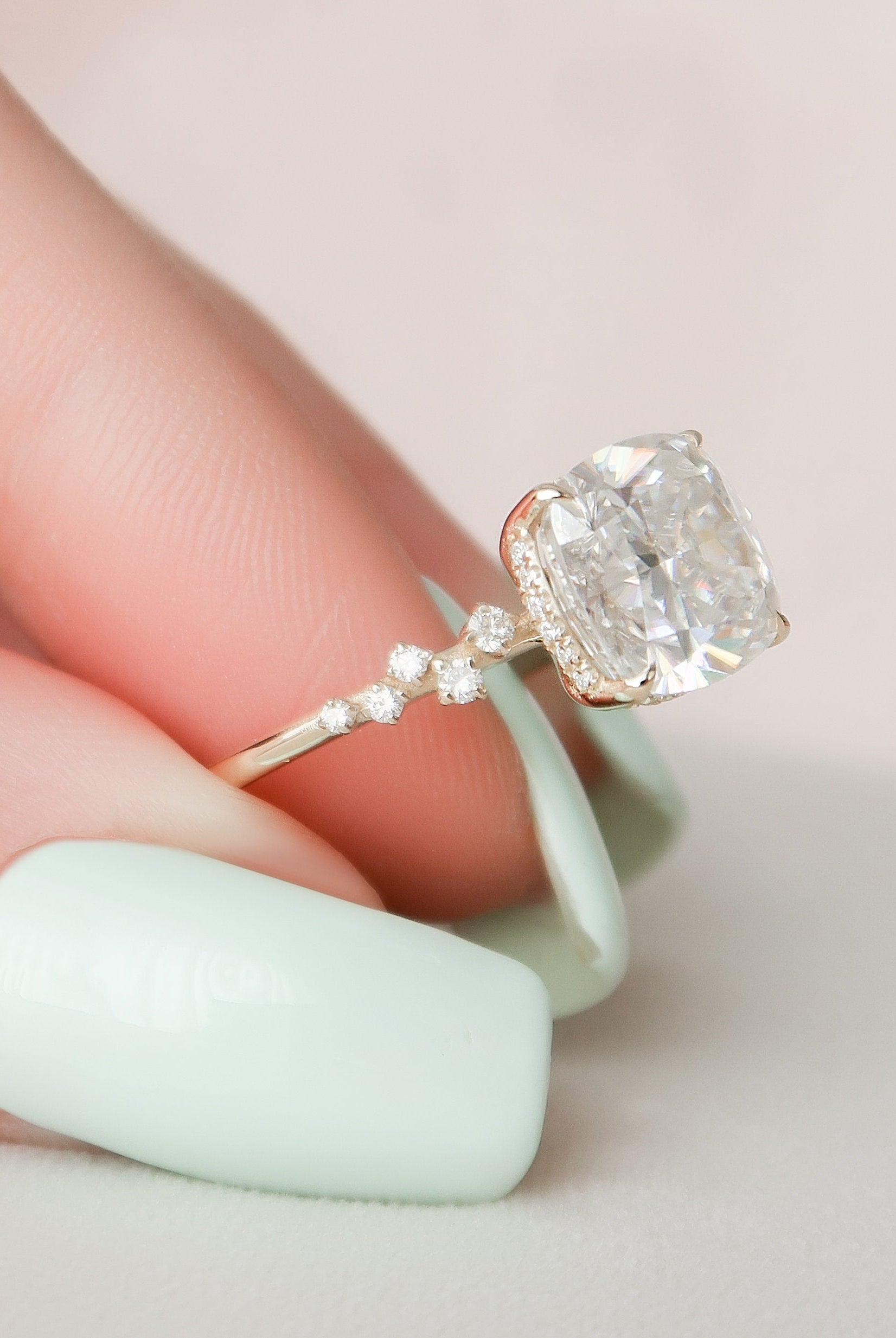 4.0CT Cushion Zig Zag Pave Moissanite Diamond Hidden Halo Engagement Ring