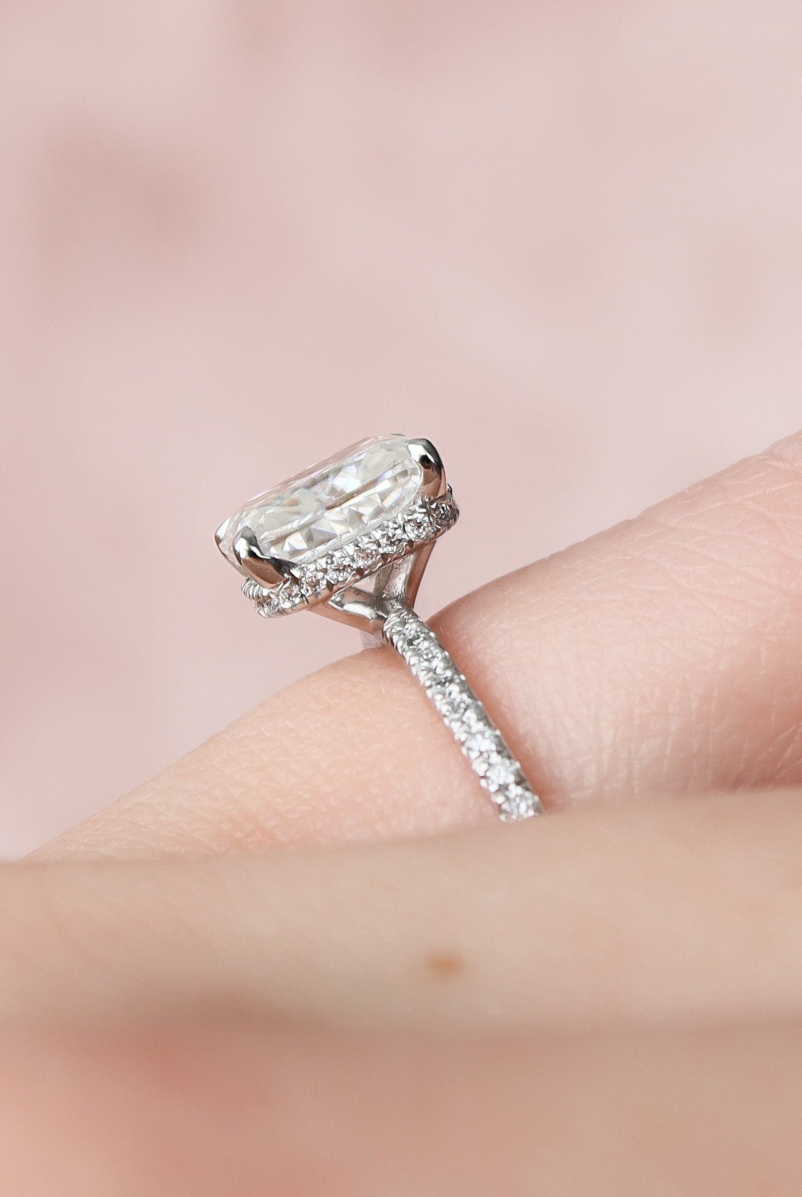 2.0CT Elongated Cushion Hidden Halo Moissanite Diamond Pave Engagement Ring For Women