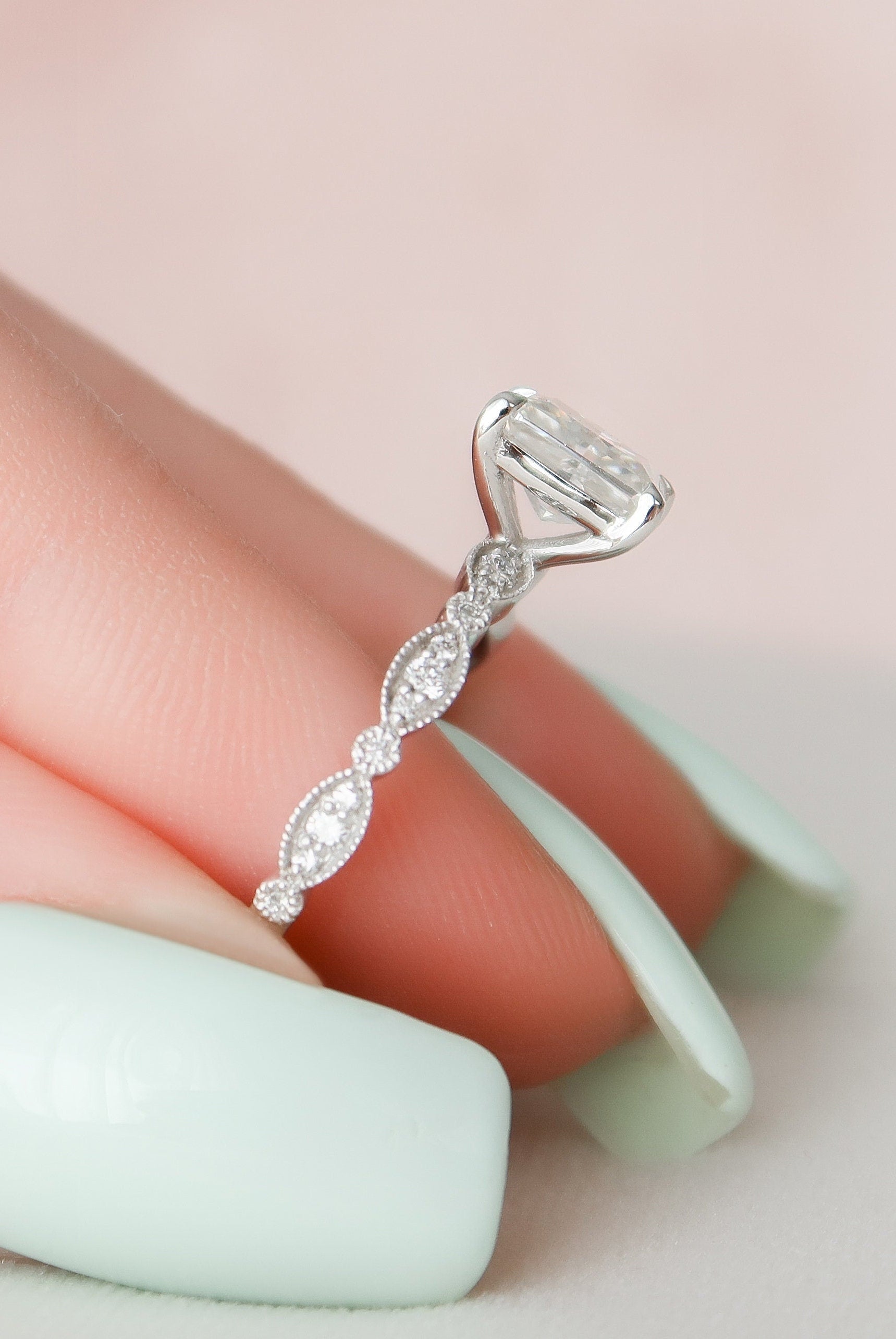 1.0CT Radiant Moissanite Diamond Vintage Pave Engagement Ring