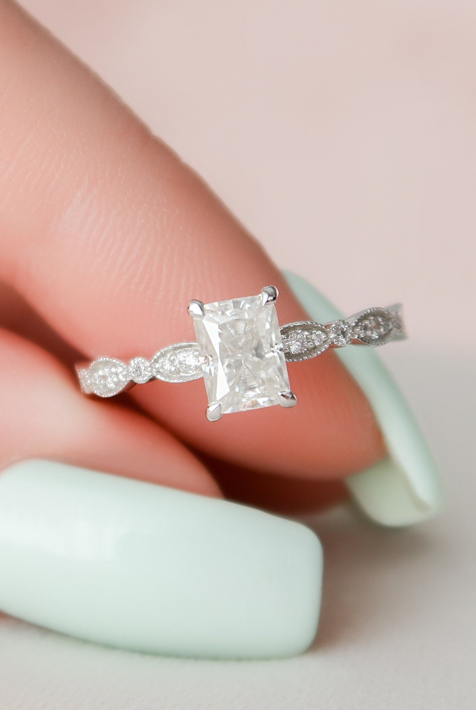 1.0CT Radiant Moissanite Diamond Vintage Pave Engagement Ring