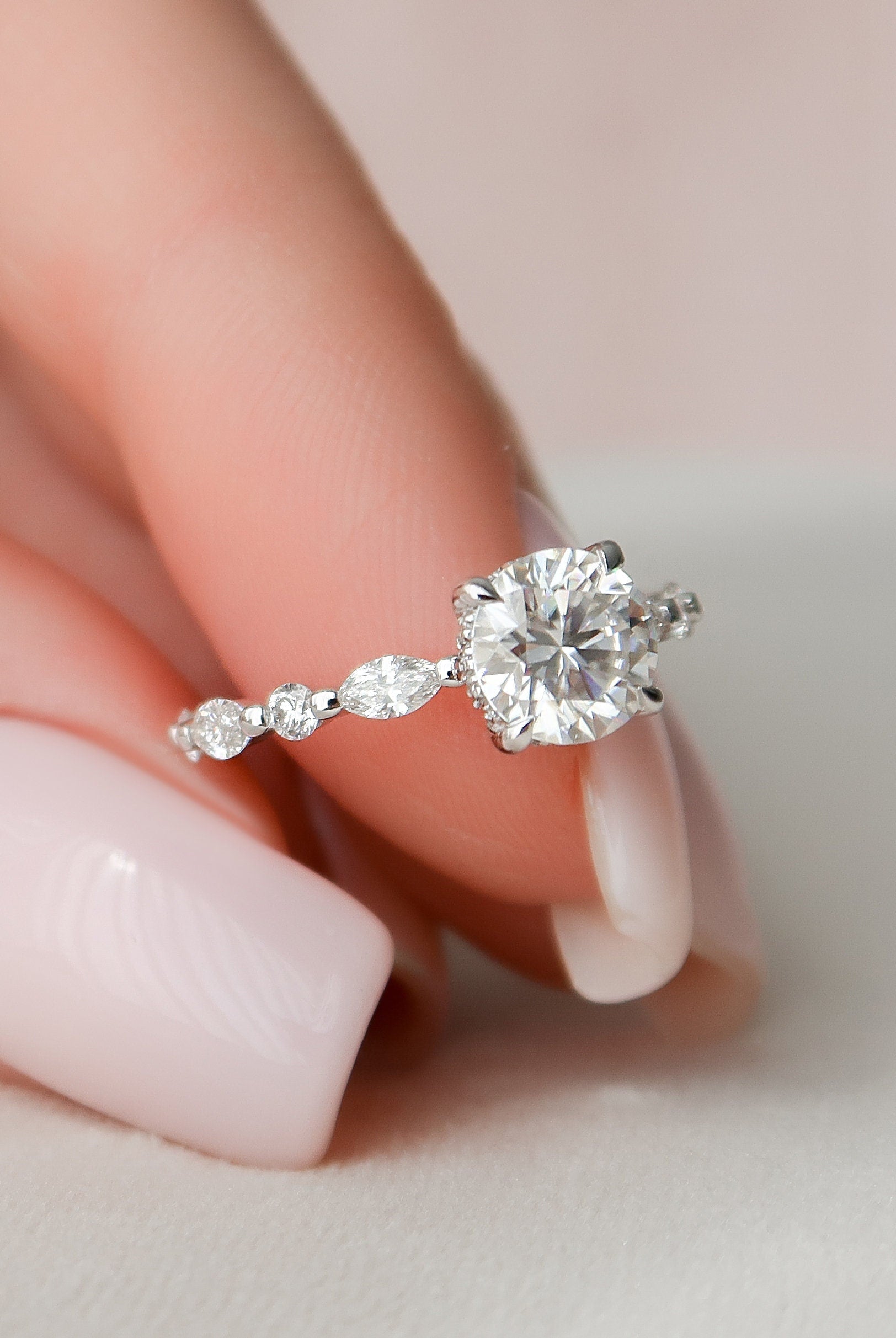 1.0CT Round Pave Moissanite Diamond Hidden Halo Engagement Ring In Solid Gold