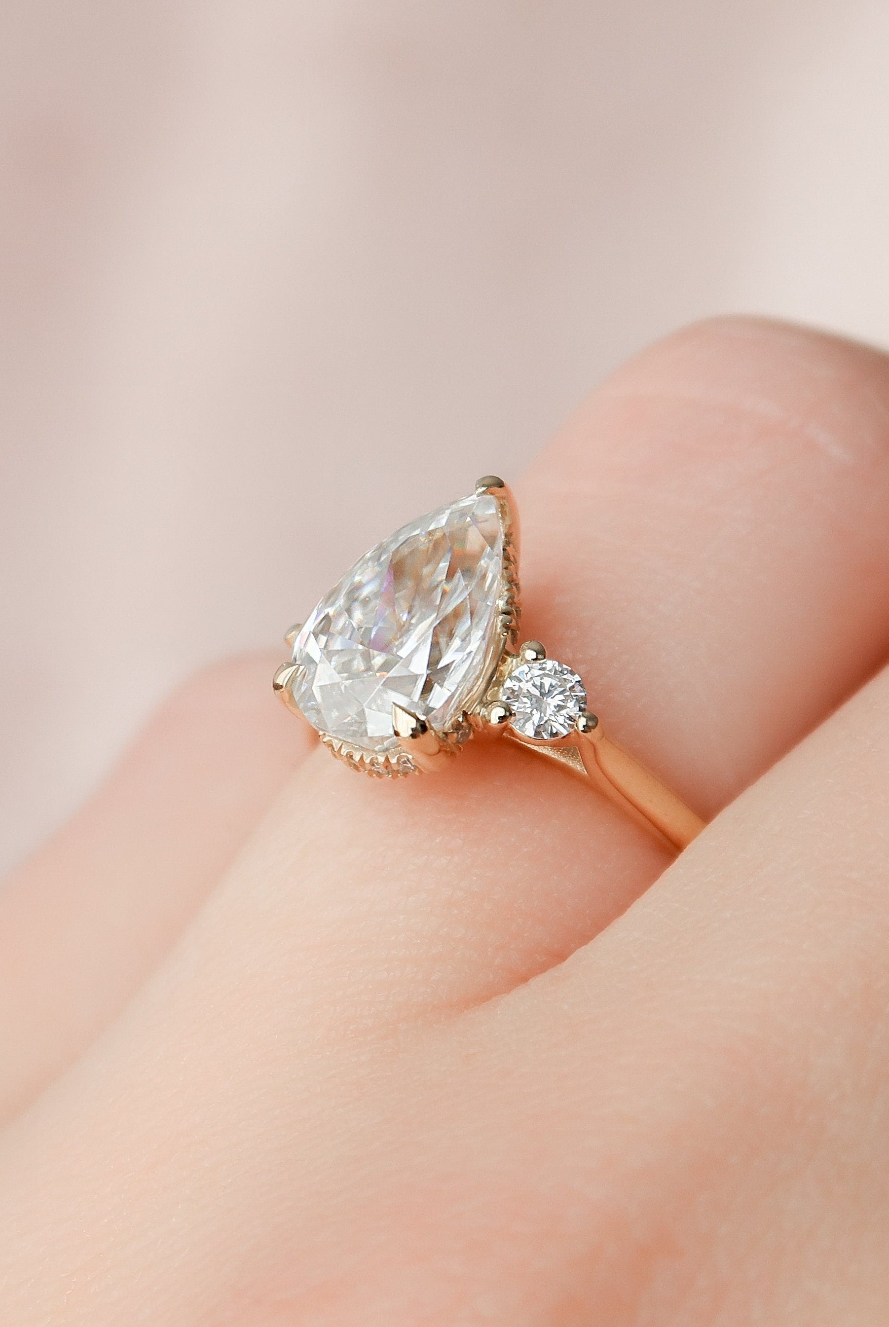 2.0CT Three Stone Pear Hidden Halo Moissanite Diamond Engagement Ring
