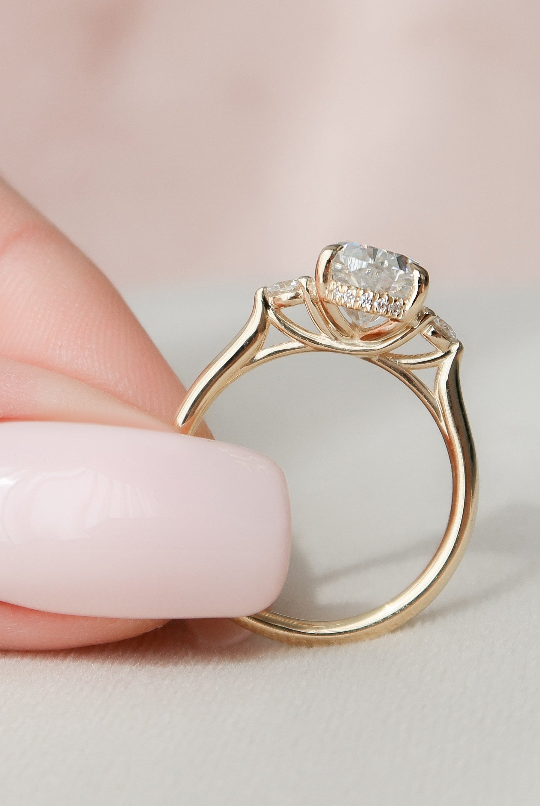 2.0CT Three Stone Pear Hidden Halo Moissanite Diamond Engagement Ring