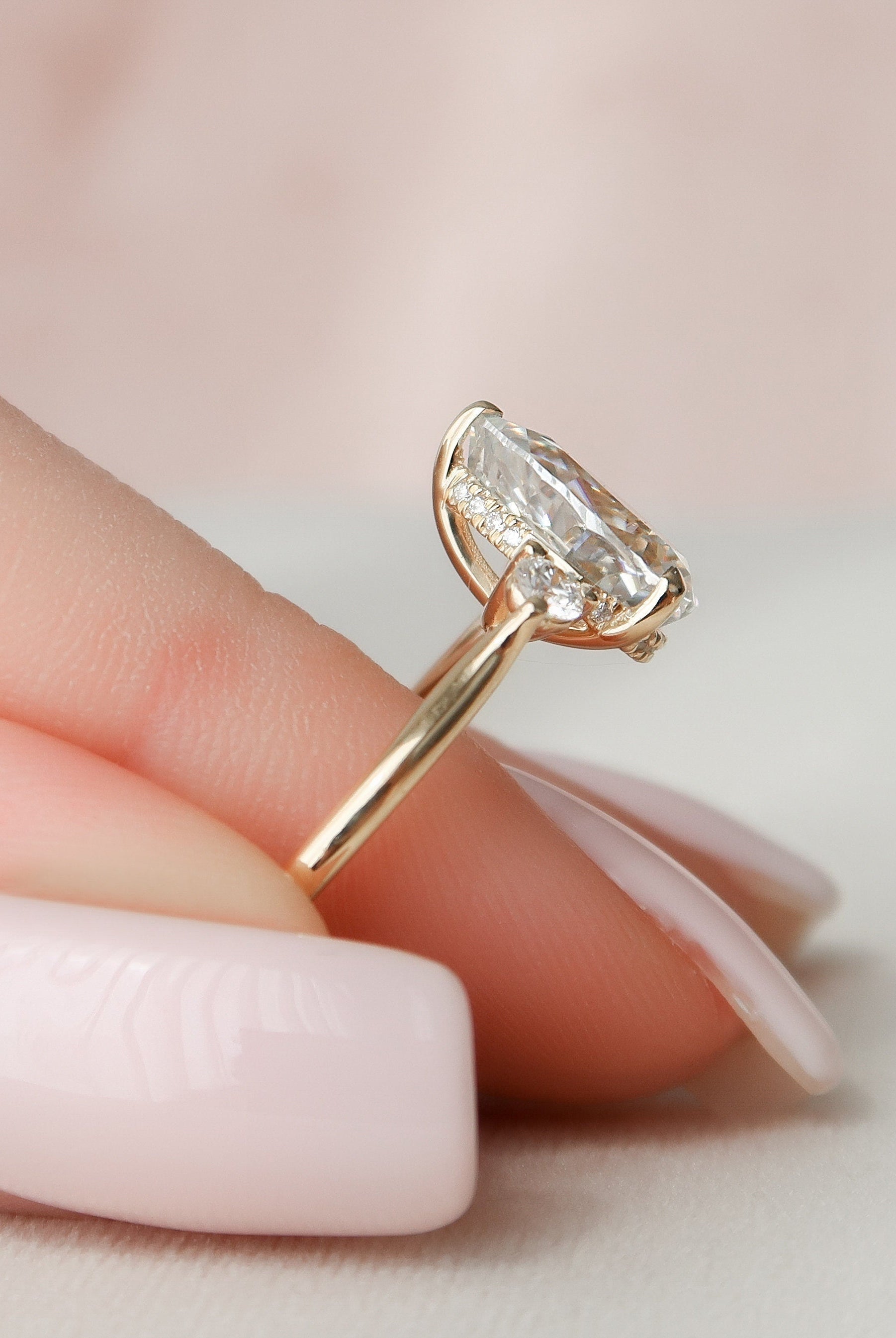 2.0CT Three Stone Pear Hidden Halo Moissanite Diamond Engagement Ring