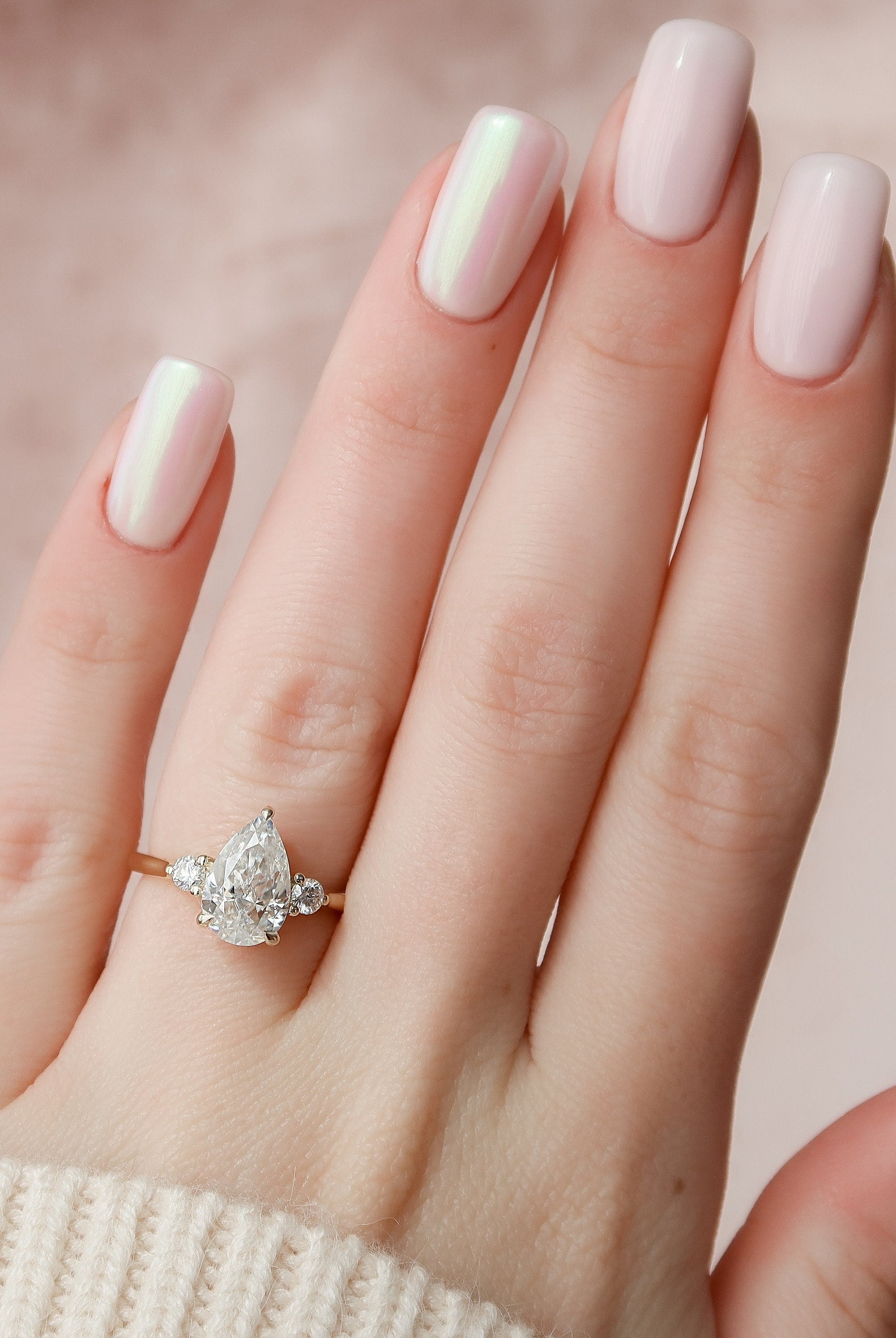 2.0CT Three Stone Pear Hidden Halo Moissanite Diamond Engagement Ring