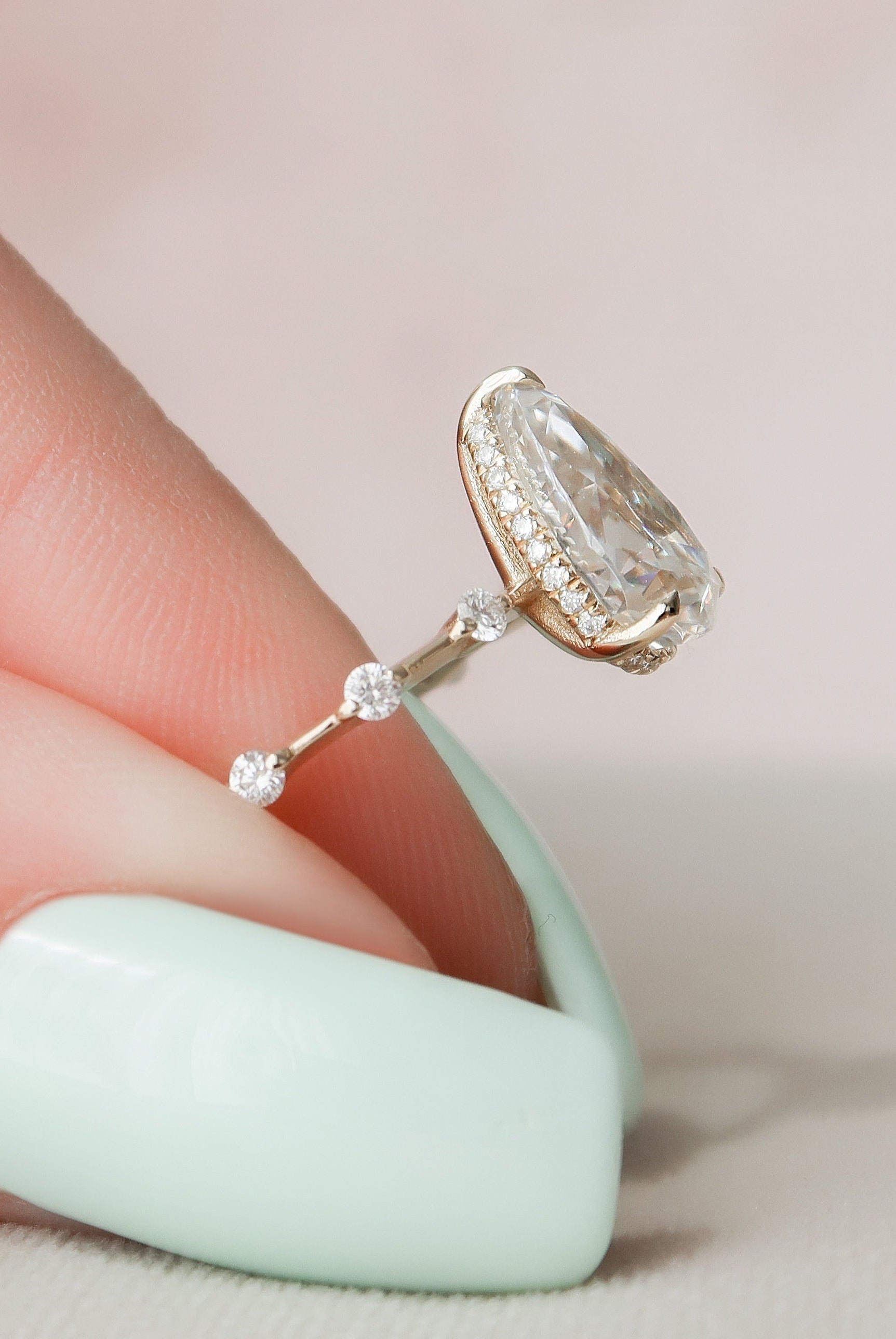 2.0CT Pear Hidden Halo Moissanite Diamond Petite Pave Engagement Ring