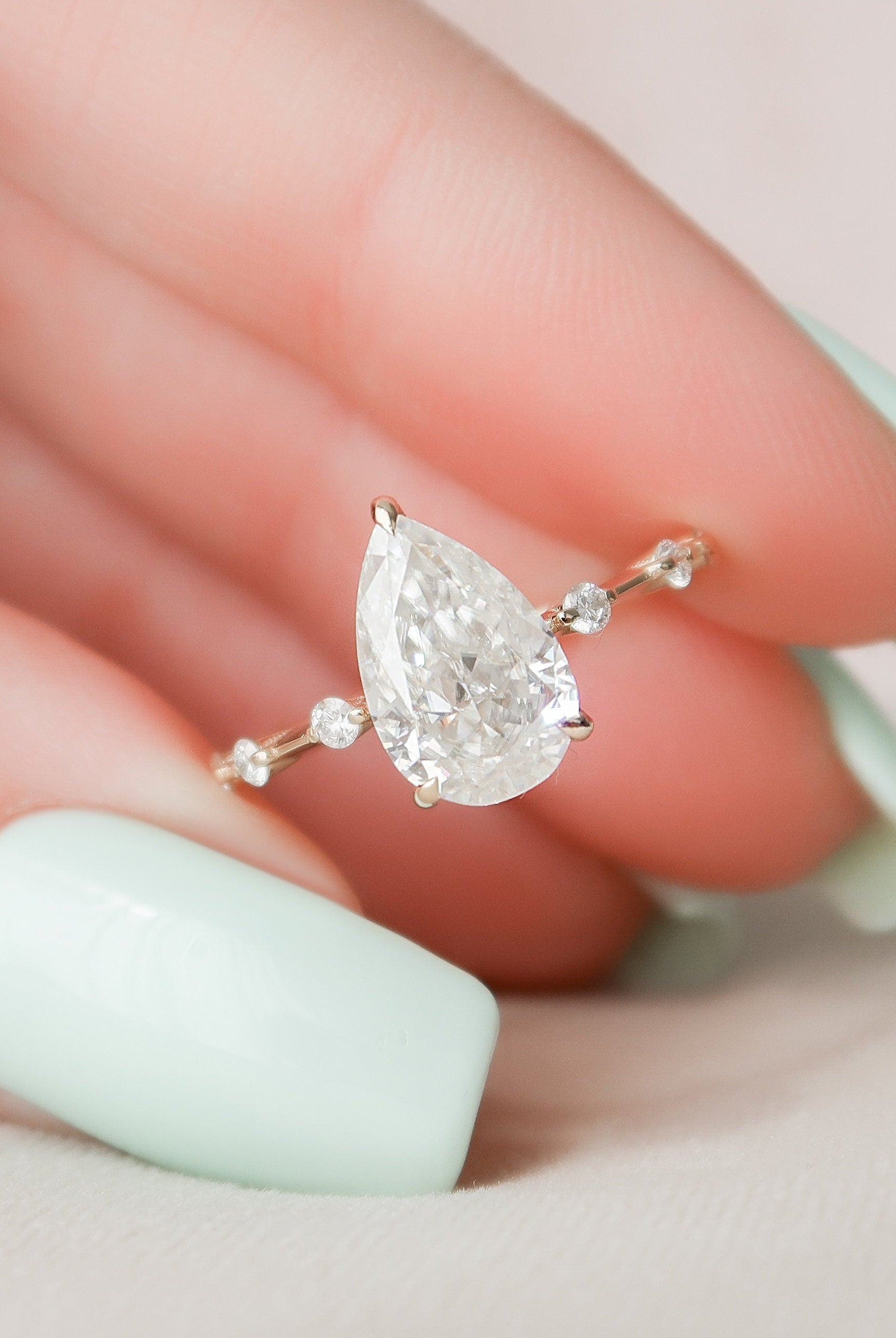 2.0CT Pear Hidden Halo Moissanite Diamond Petite Pave Engagement Ring