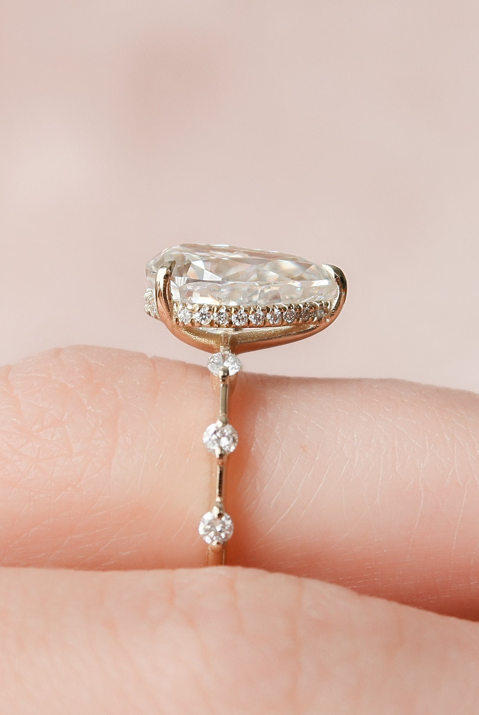 2.0CT Pear Hidden Halo Moissanite Diamond Petite Pave Engagement Ring