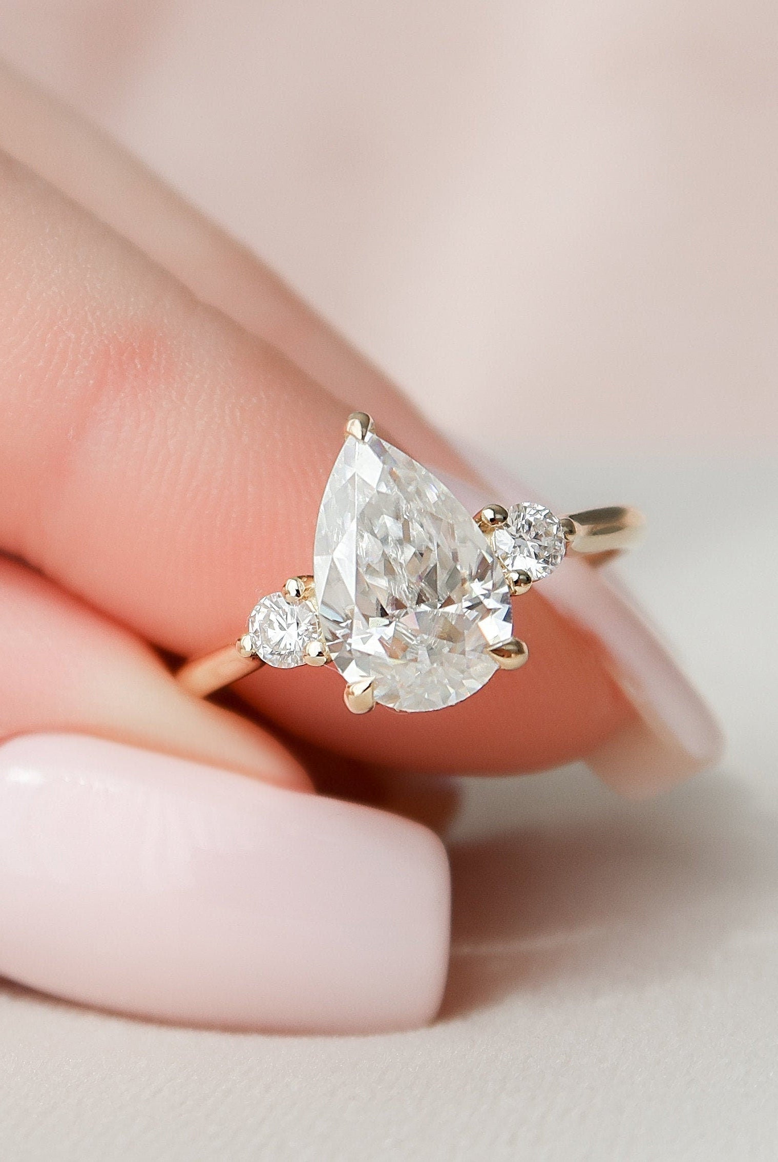 2.0CT Three Stone Pear Hidden Halo Moissanite Diamond Engagement Ring