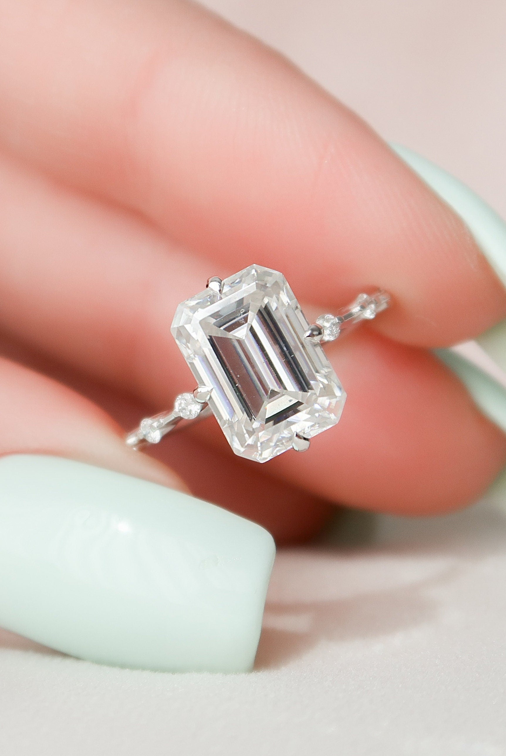 3.0CT Emerald Cut Petite Pave Moissanite Diamond Engagement Ring