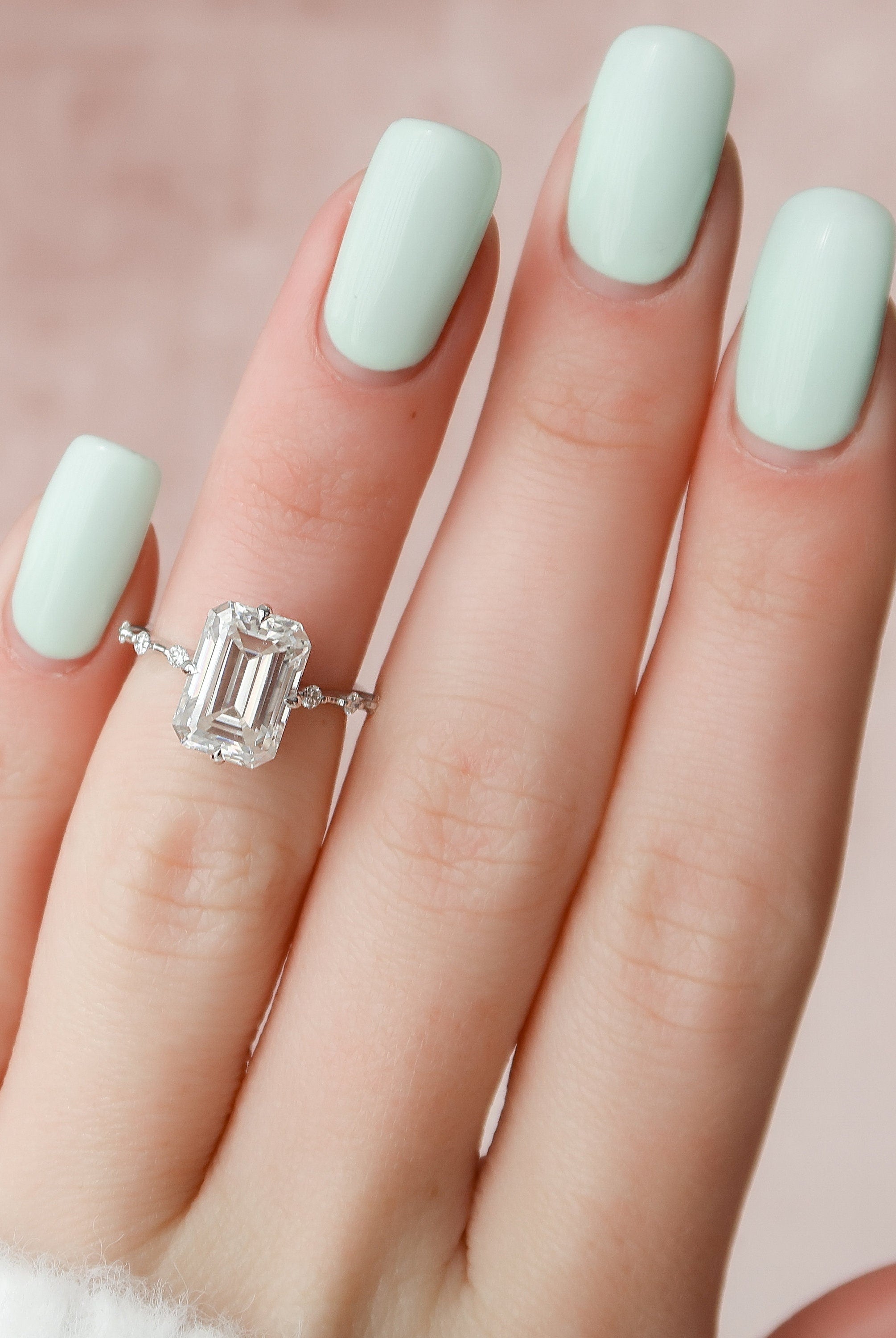 3.0CT Emerald Cut Petite Pave Moissanite Diamond Engagement Ring