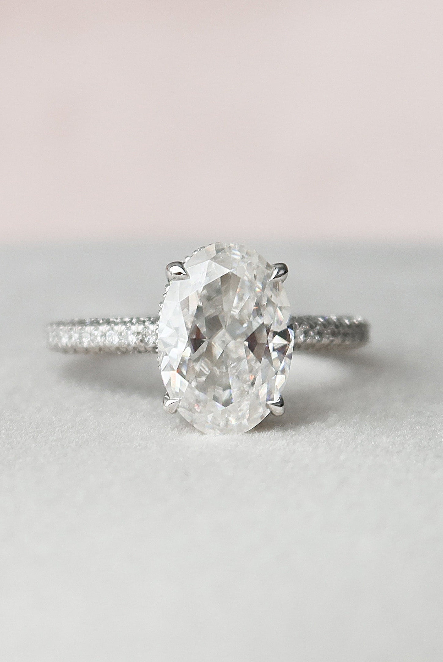3.0CT Oval Hidden Halo Moissanite Diamond Three Sided Pave Engagement Ring