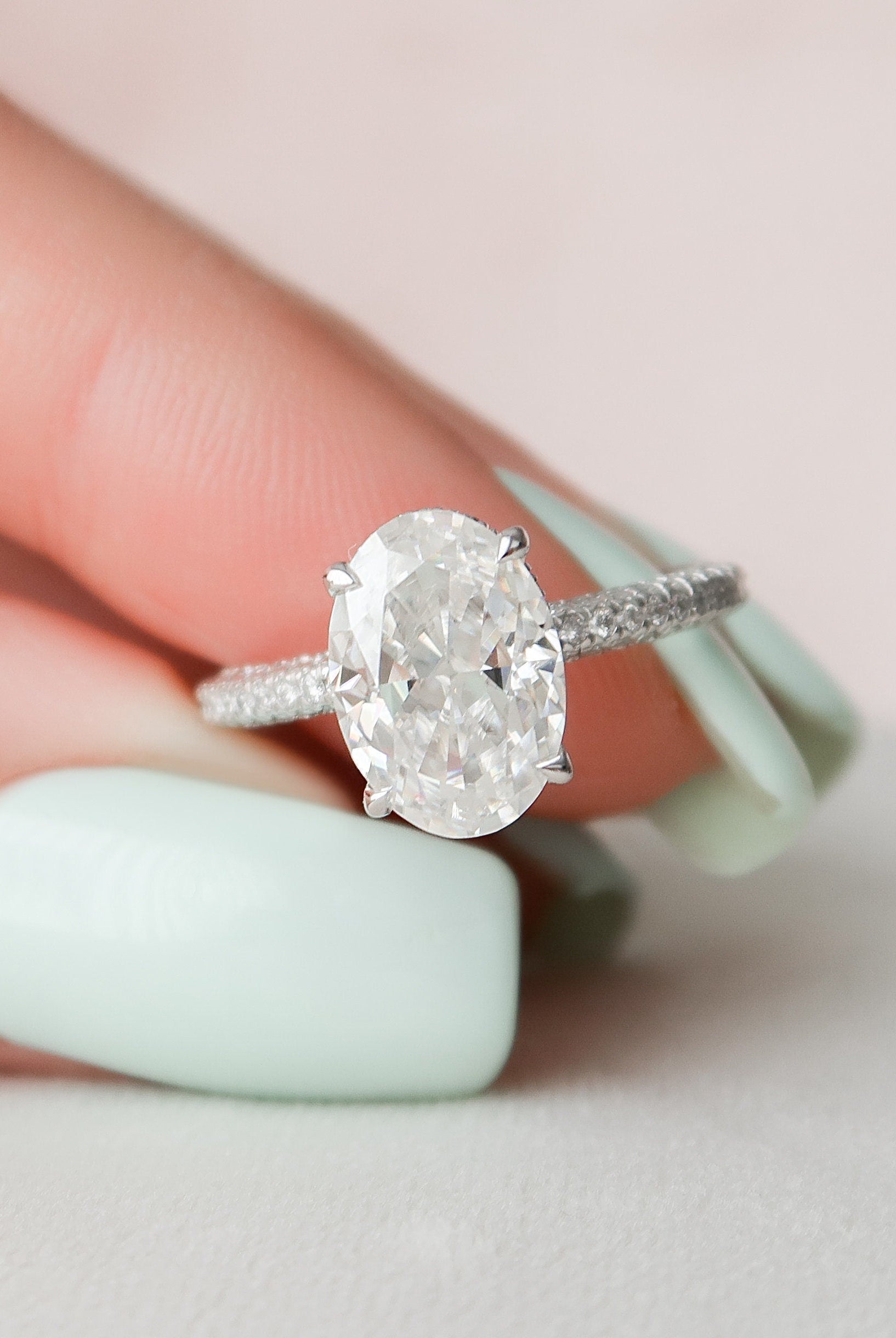 3.0CT Oval Hidden Halo Moissanite Diamond Three Sided Pave Engagement Ring