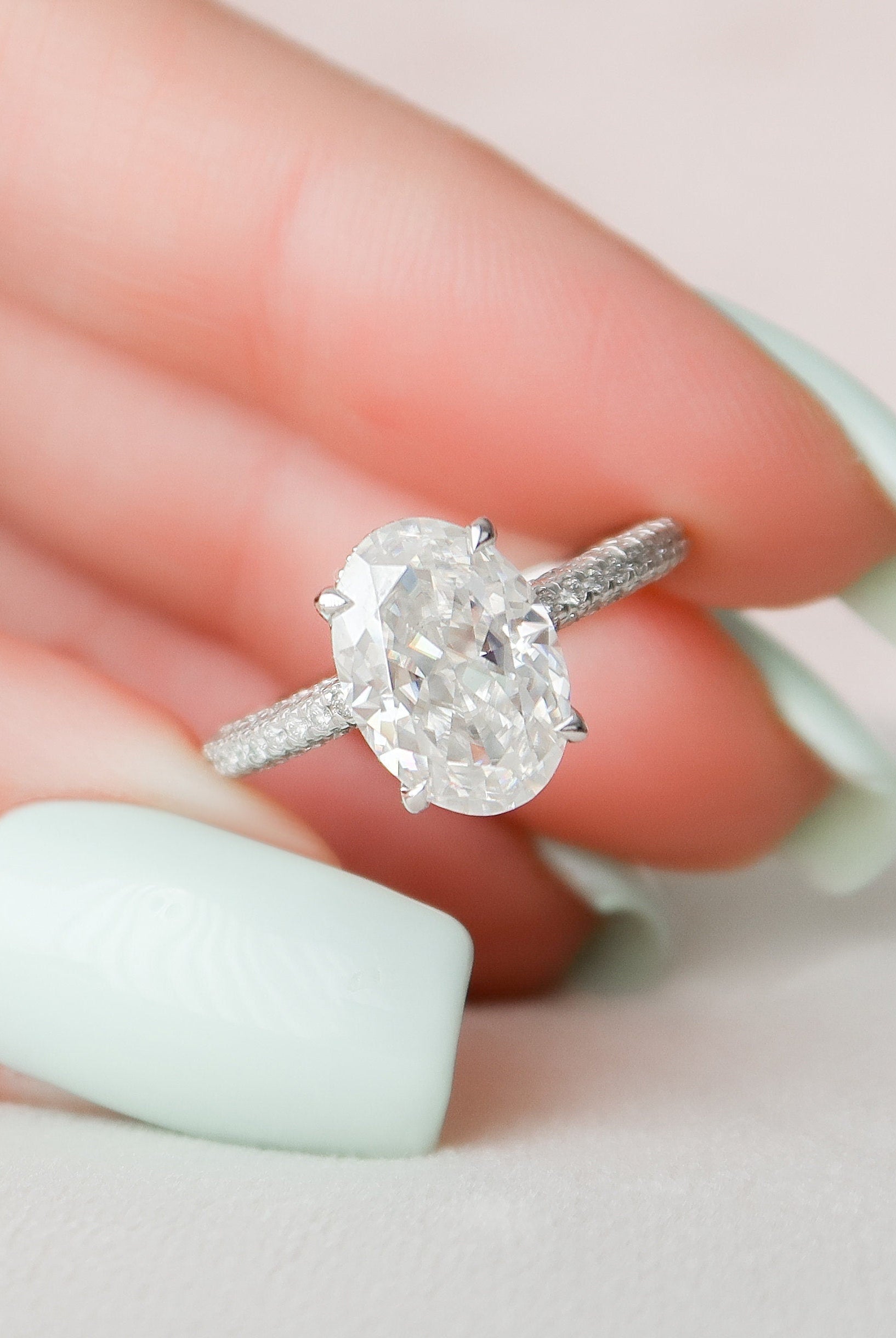 3.0CT Oval Hidden Halo Moissanite Diamond Three Sided Pave Engagement Ring