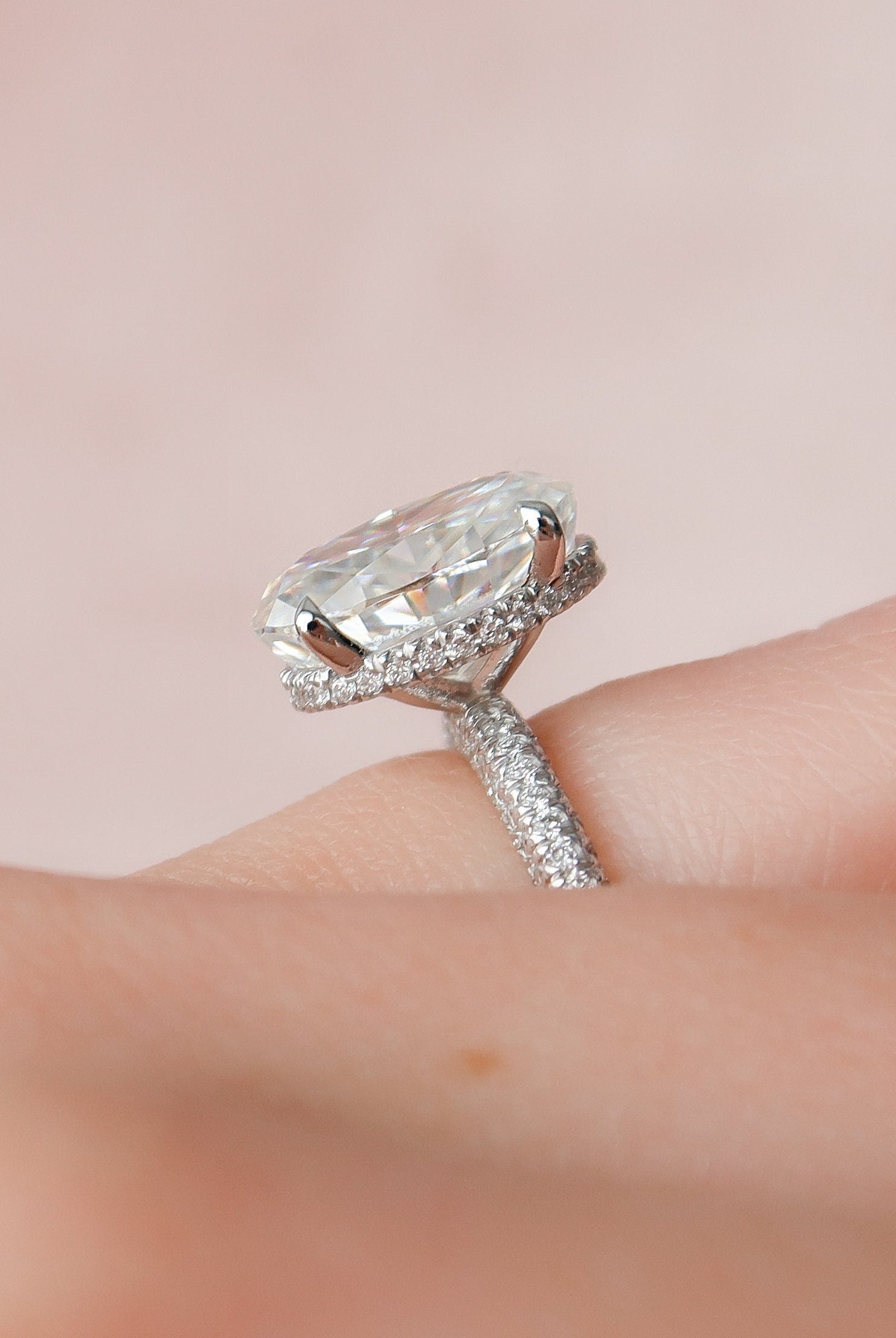 3.0CT Oval Hidden Halo Moissanite Diamond Three Sided Pave Engagement Ring