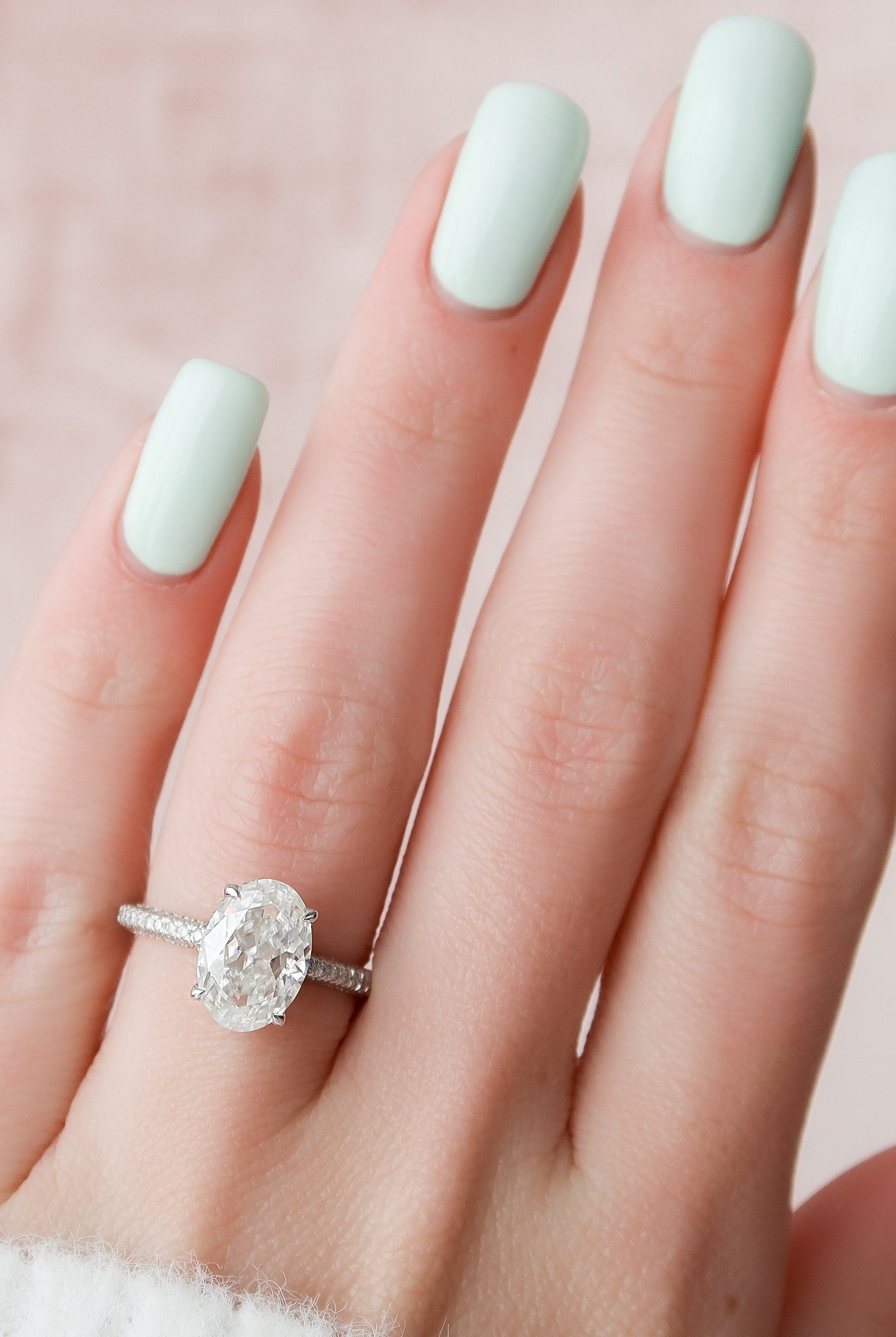 3.0CT Oval Hidden Halo Moissanite Diamond Three Sided Pave Engagement Ring
