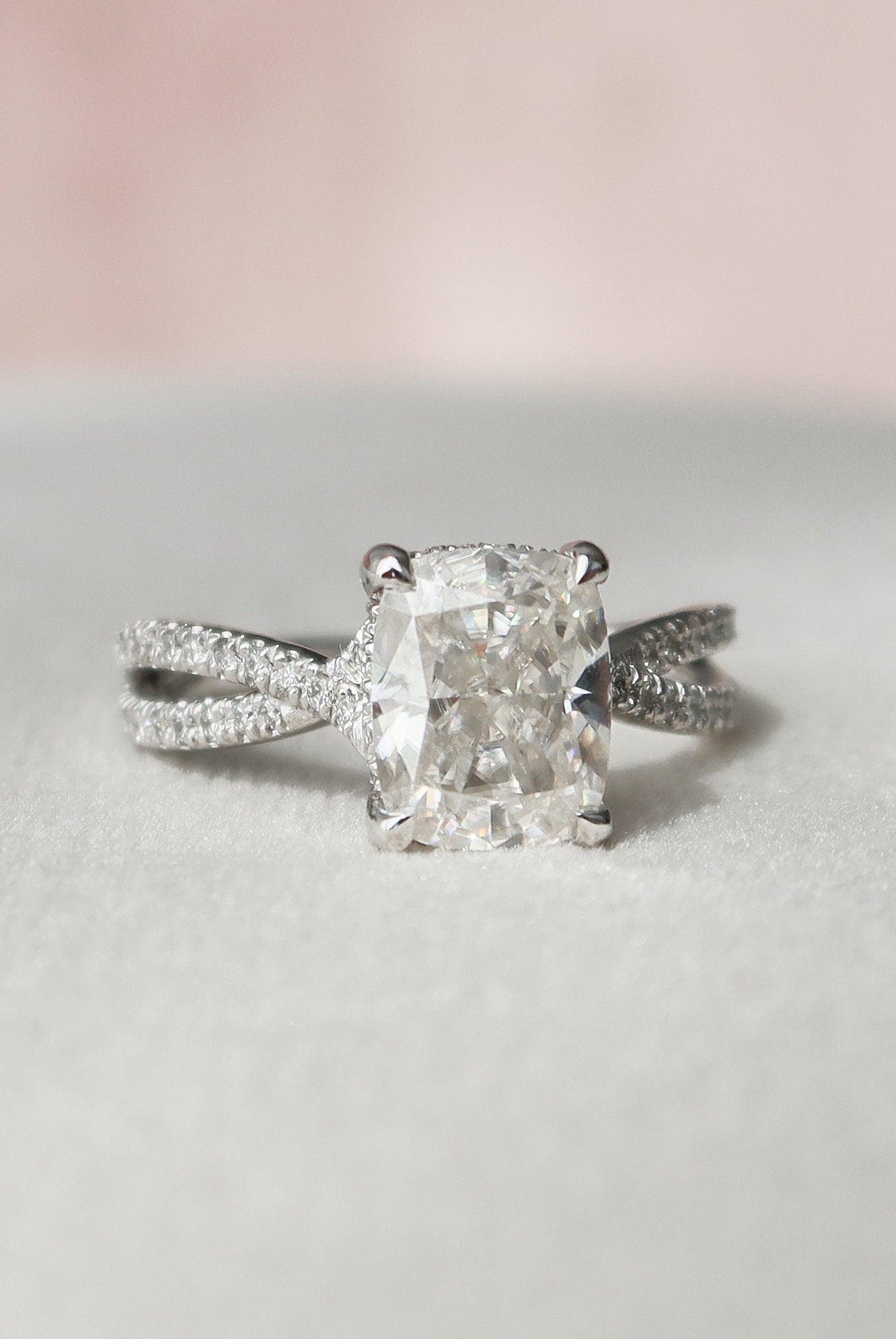 2.0CT Elongated Cushion Split Shank Moissanite Diamond Hidden Halo Engagement Ring