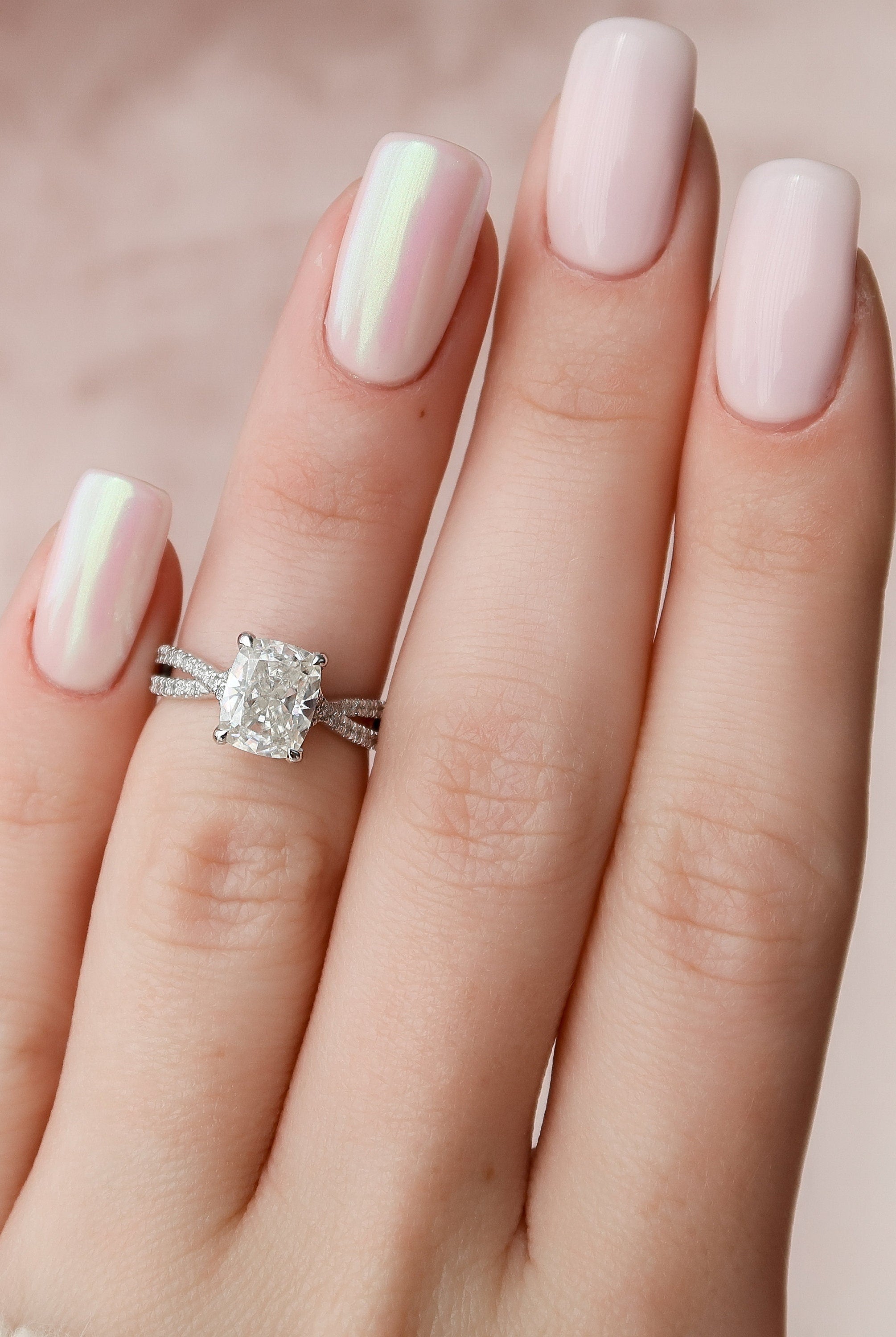 2.0CT Elongated Cushion Split Shank Moissanite Diamond Hidden Halo Engagement Ring