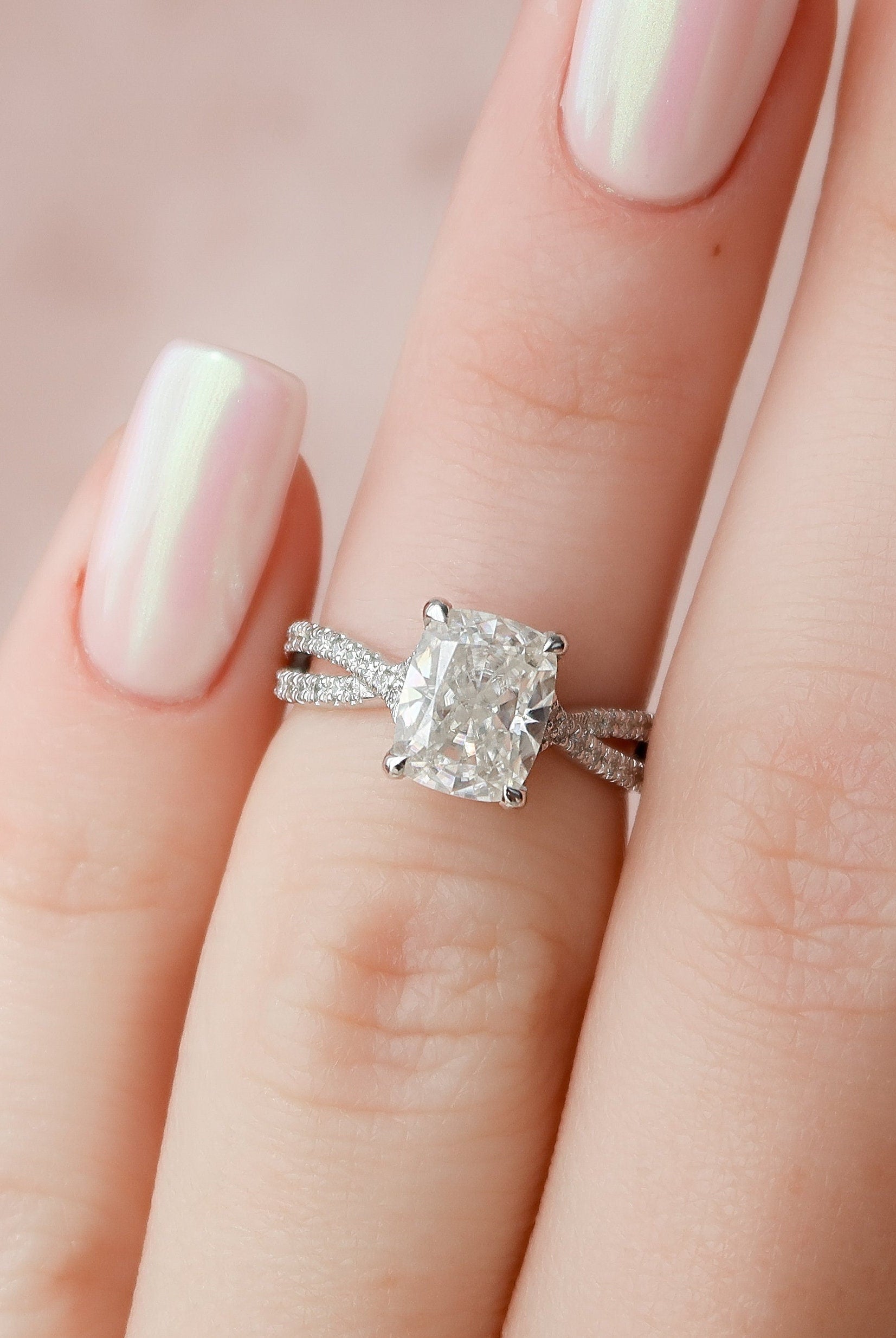 2.0CT Elongated Cushion Split Shank Moissanite Diamond Hidden Halo Engagement Ring