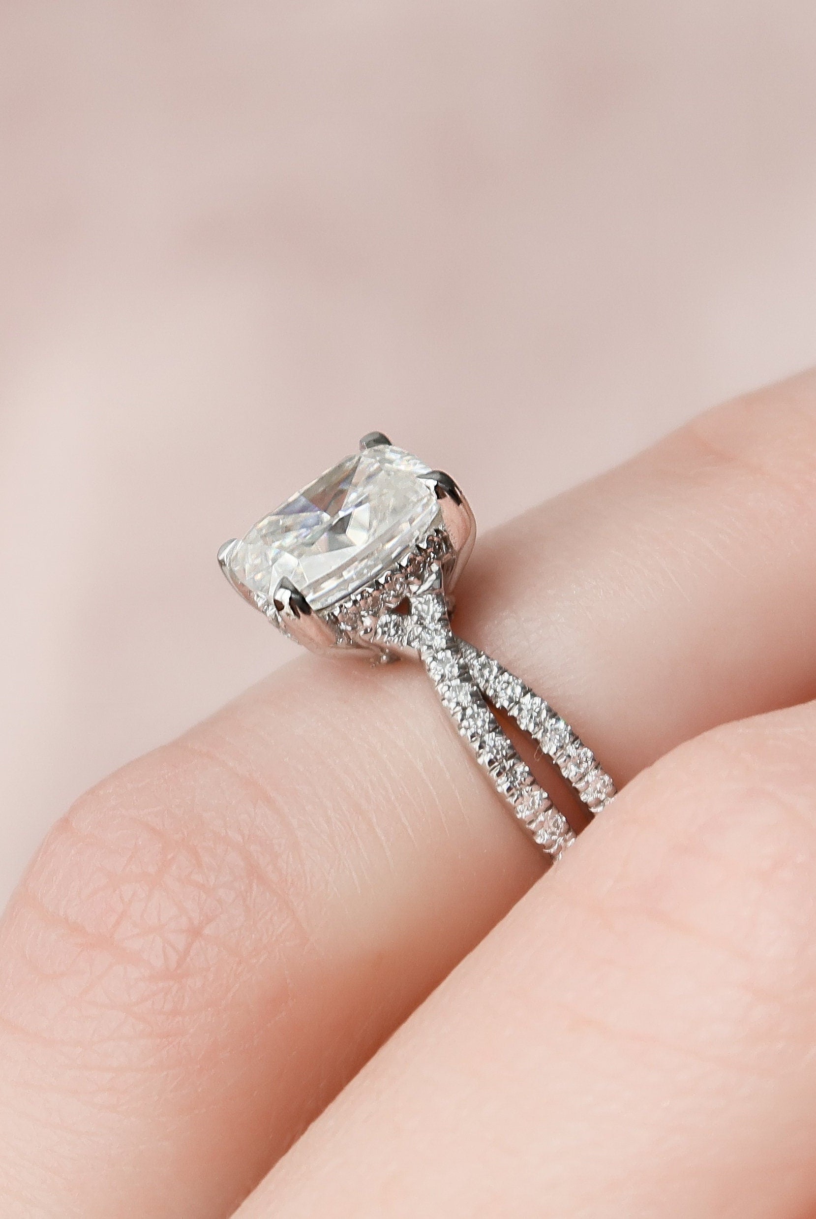 2.0CT Elongated Cushion Split Shank Moissanite Diamond Hidden Halo Engagement Ring
