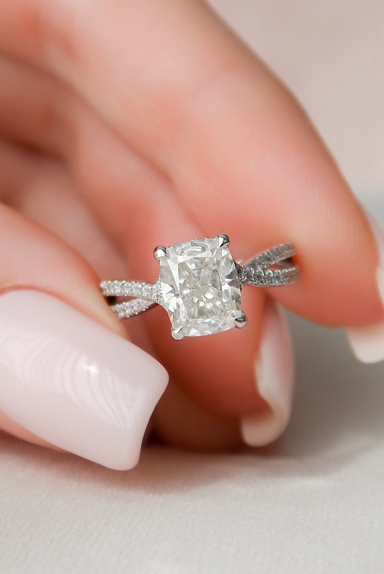 2.0CT Elongated Cushion Split Shank Moissanite Diamond Hidden Halo Engagement Ring