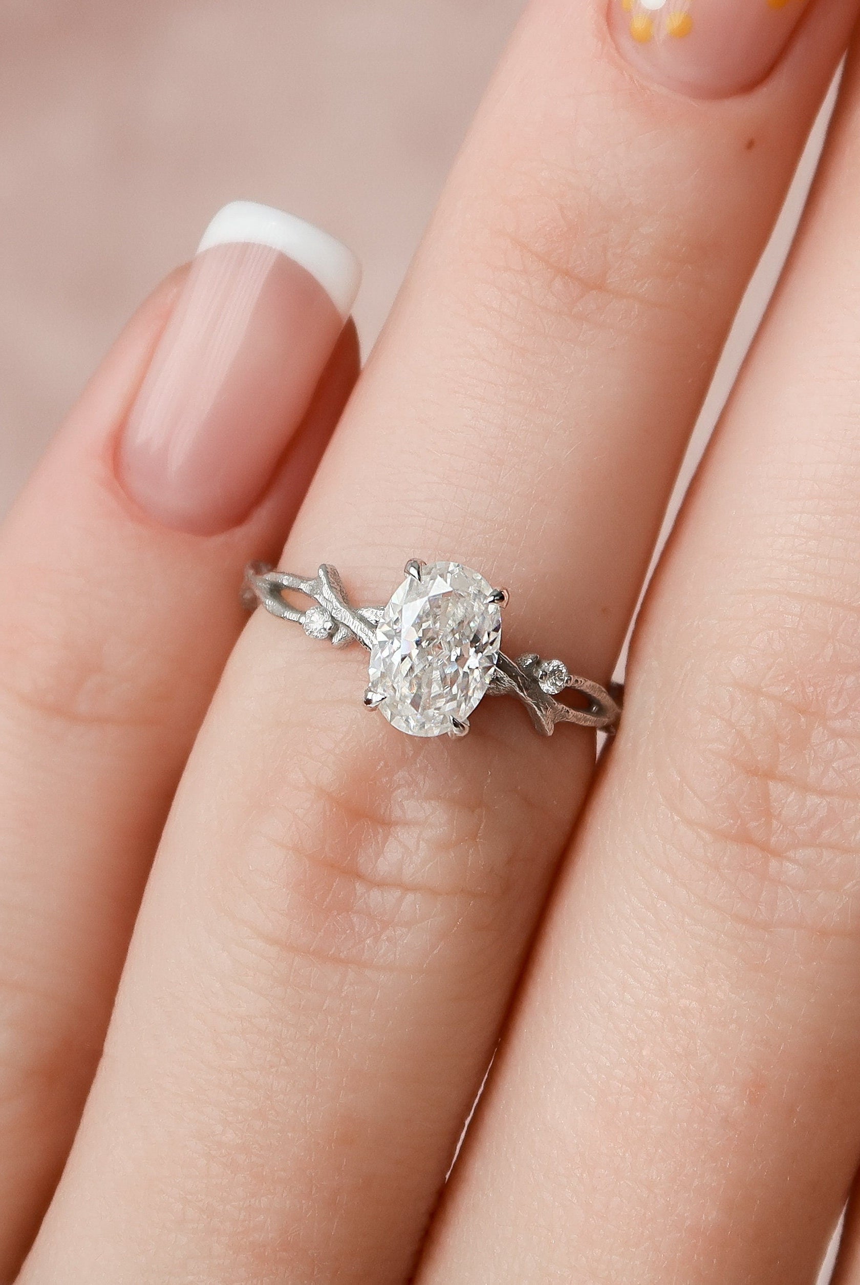1.0CT Oval Twig Moissanite Diamond Engagement Ring In Solid Gold