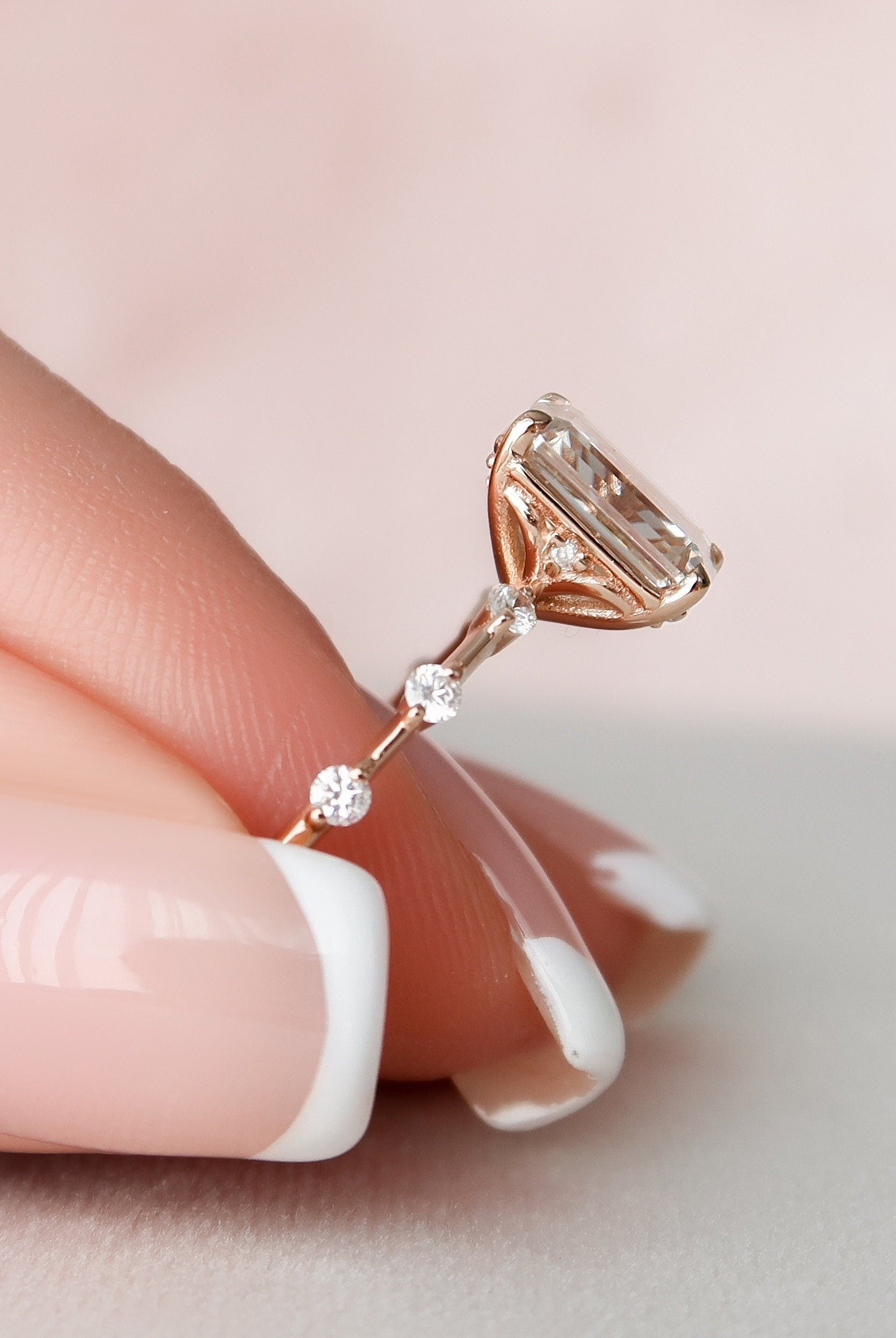 2.0CT Emerald Cut Petite Pave Moissanite Diamond Engagement Ring