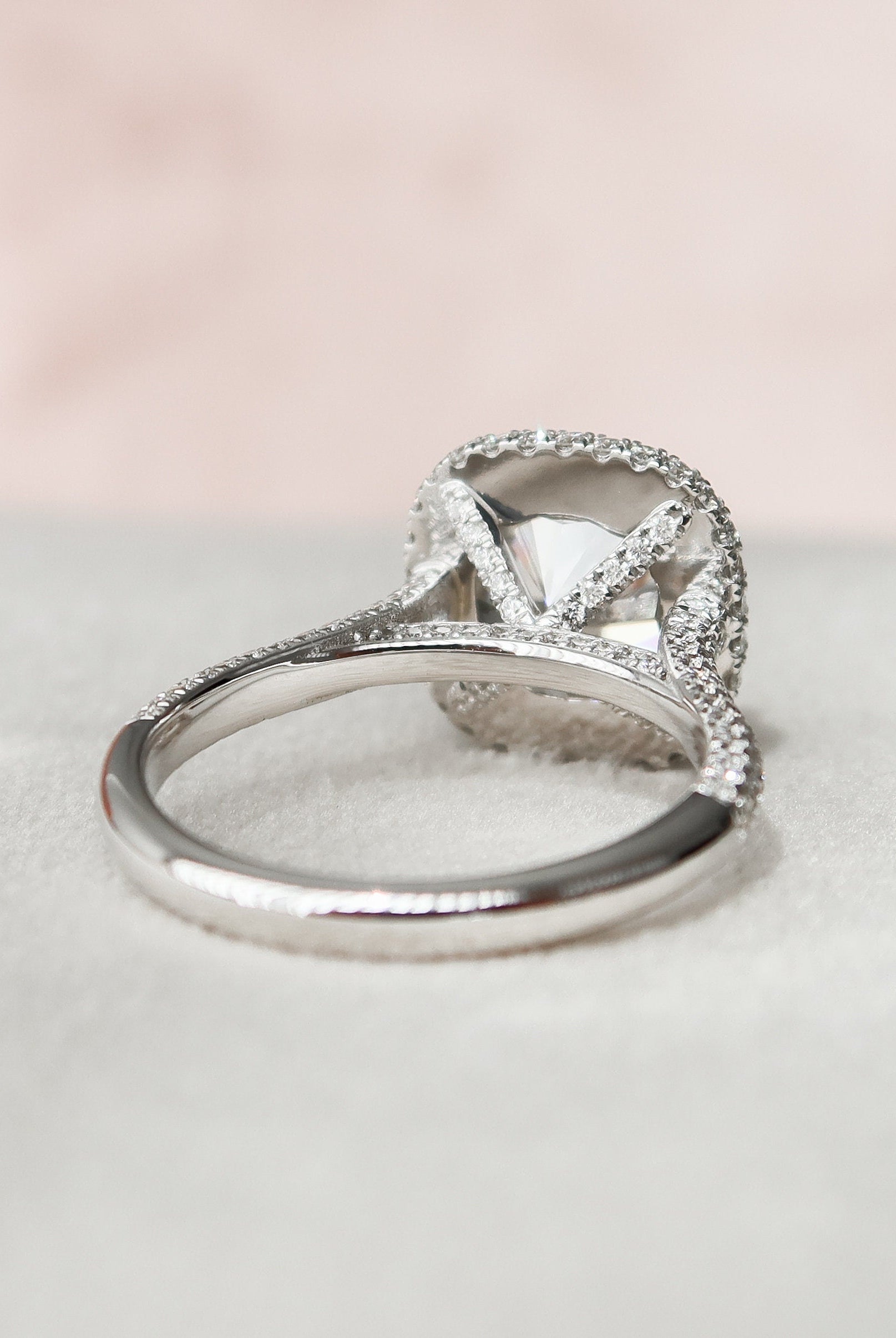 4.0CT Cathedral Set Cushion Halo Moissanite Diamond Three Sided Pave Engagement Ring