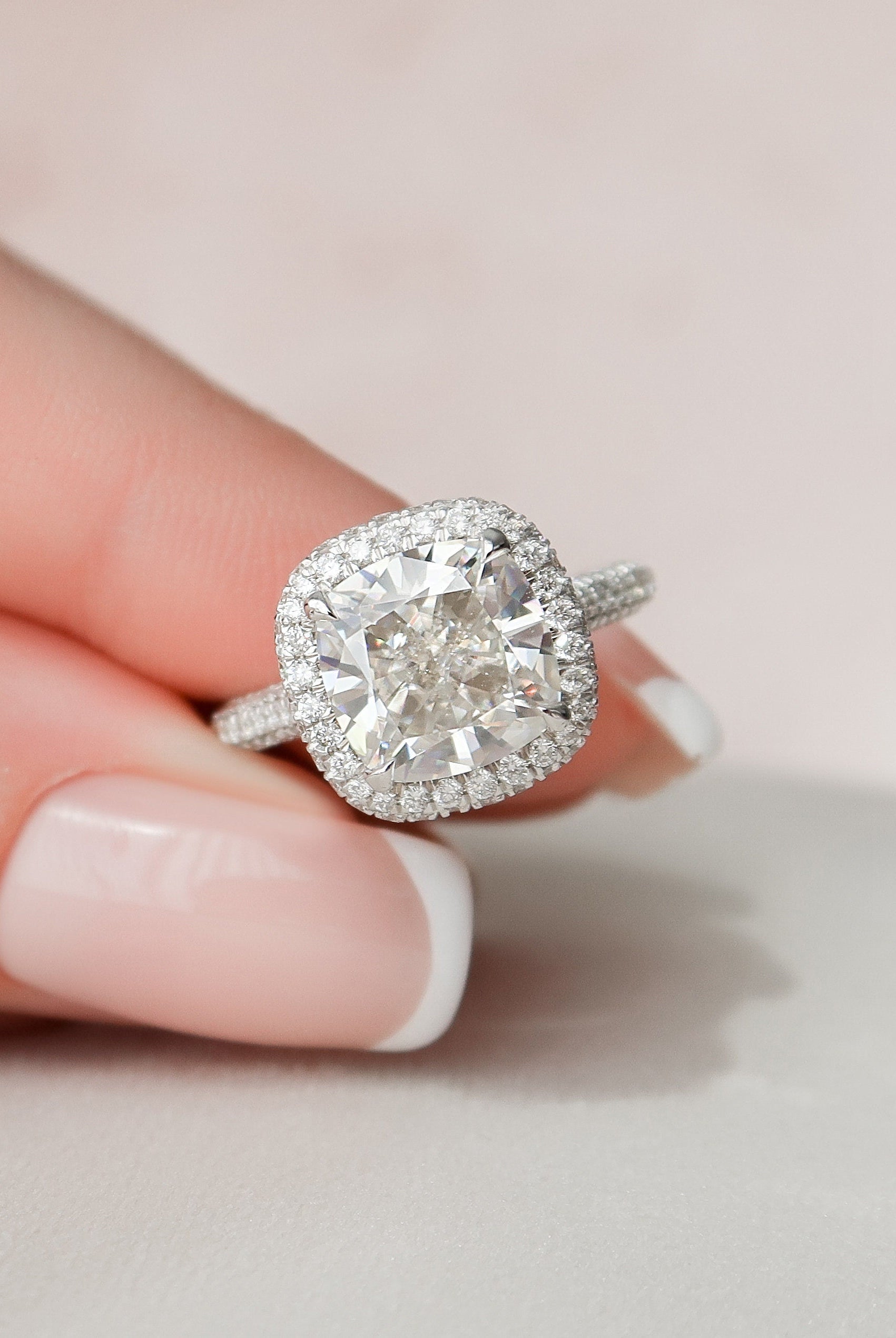 4.0CT Cathedral Set Cushion Halo Moissanite Diamond Three Sided Pave Engagement Ring