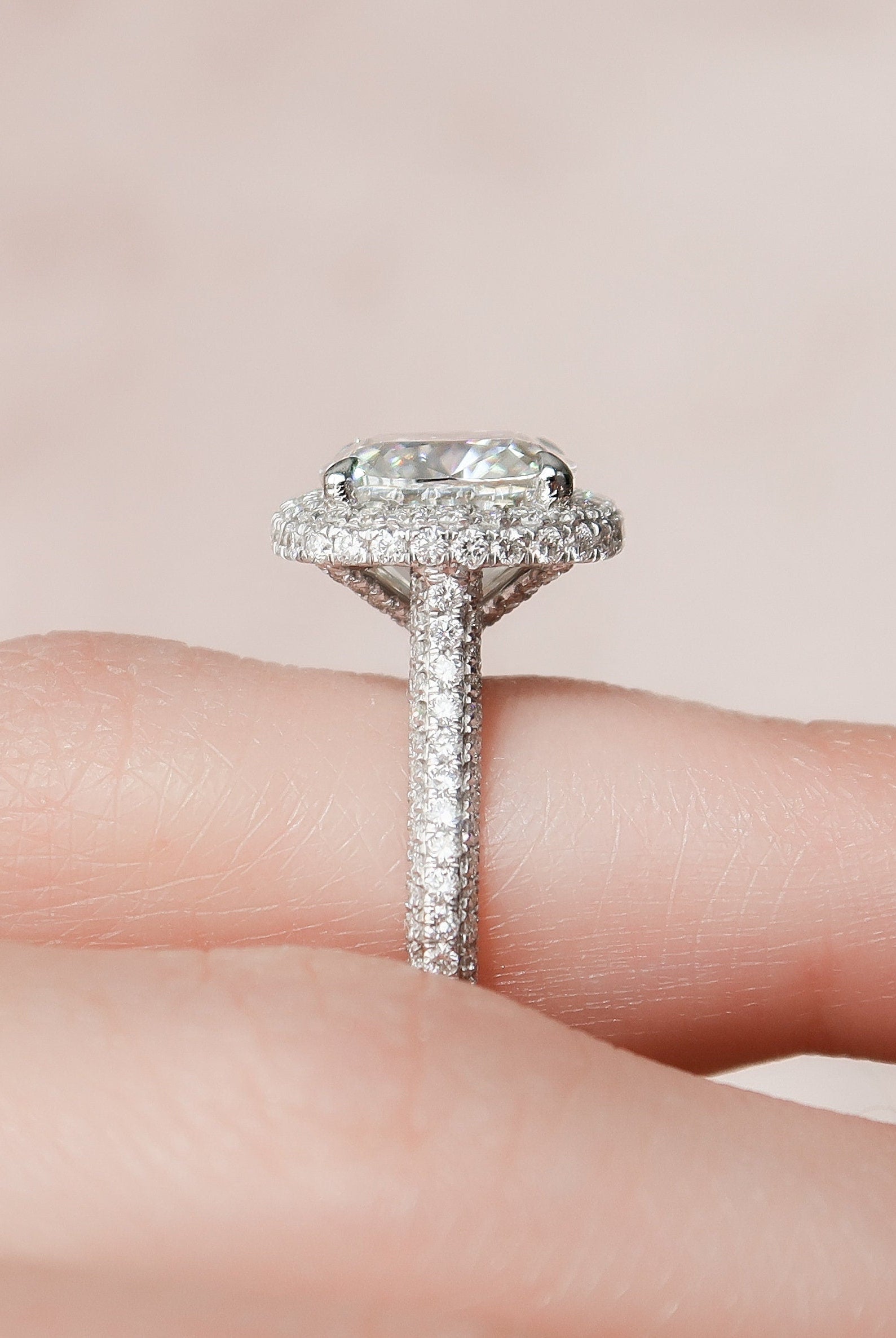 4.0CT Cathedral Set Cushion Halo Moissanite Diamond Three Sided Pave Engagement Ring