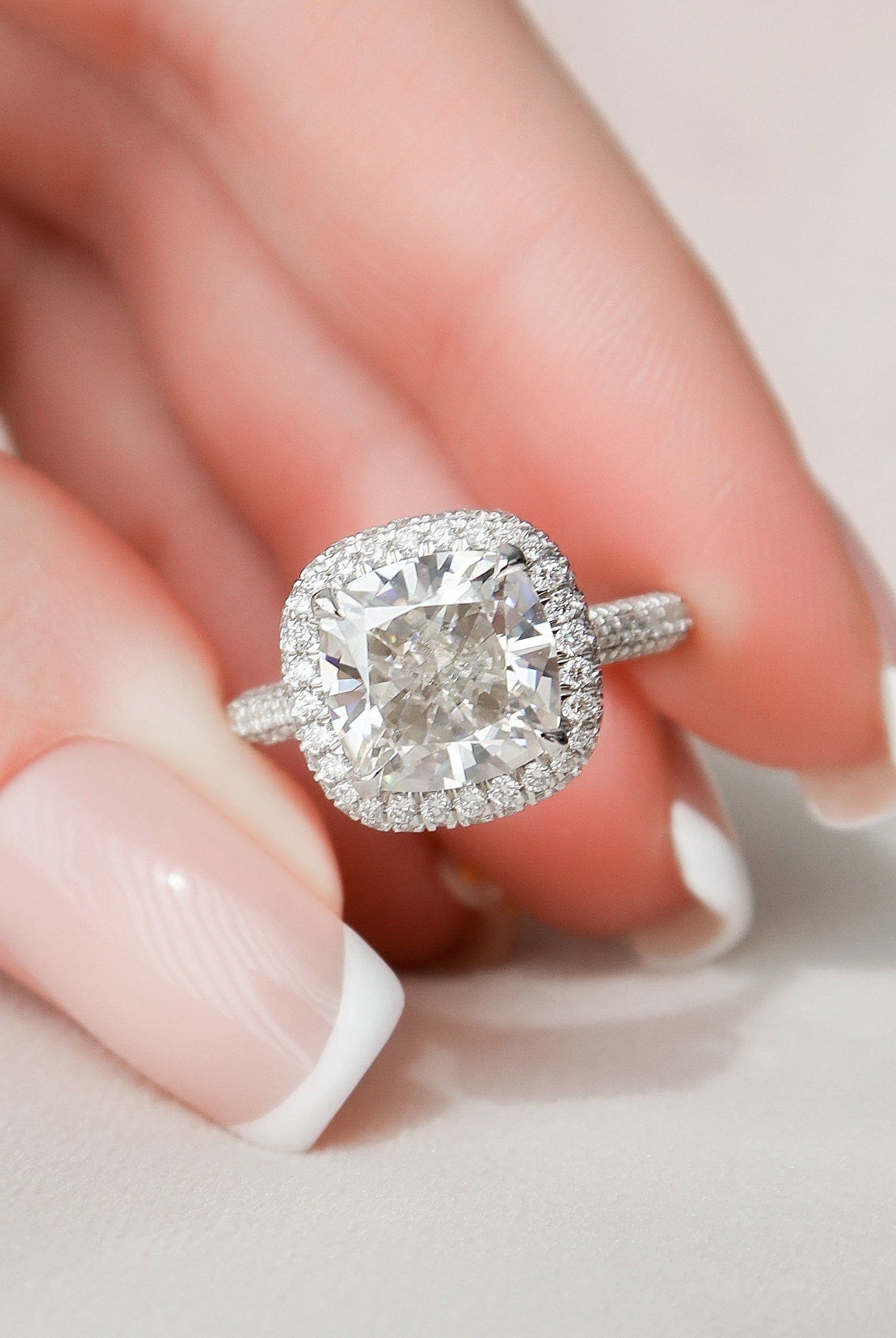 4.0CT Cathedral Set Cushion Halo Moissanite Diamond Three Sided Pave Engagement Ring