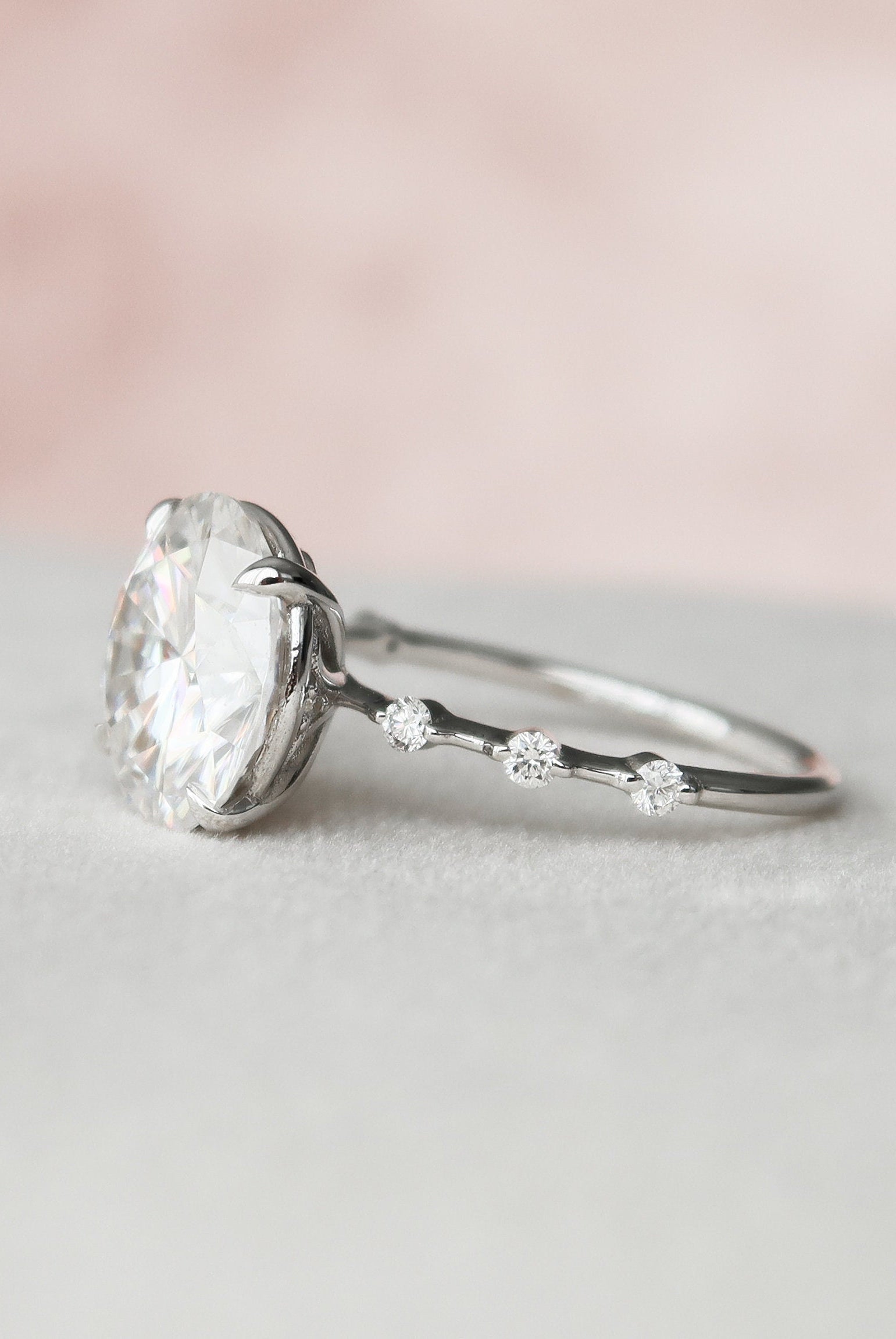 4.0CT Round Petite Pave Moissanite Diamond Four Prong Engagement Ring