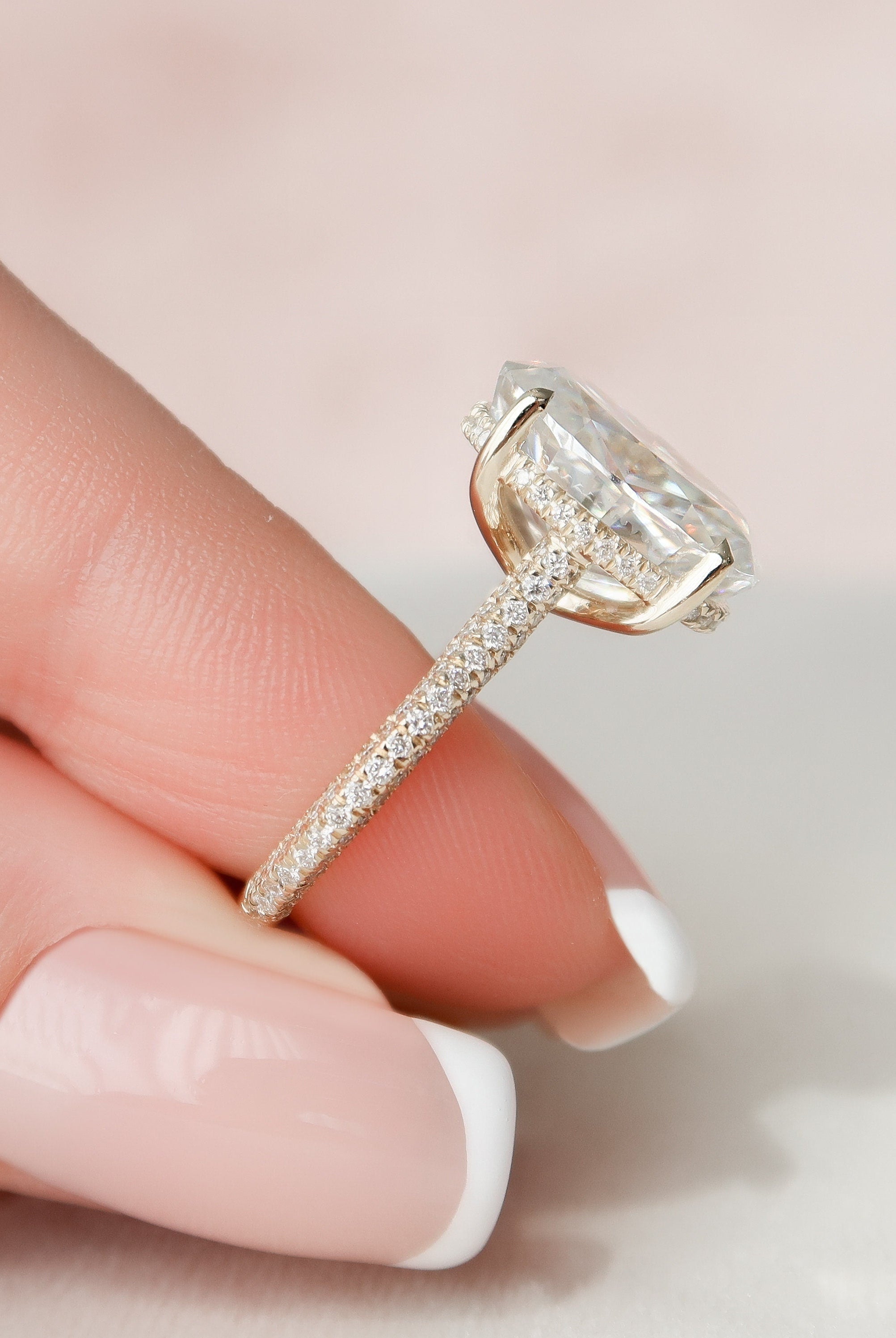 5.0CT Oval Three Sided Pave Moissanite Diamond Hidden Halo Engagement Ring