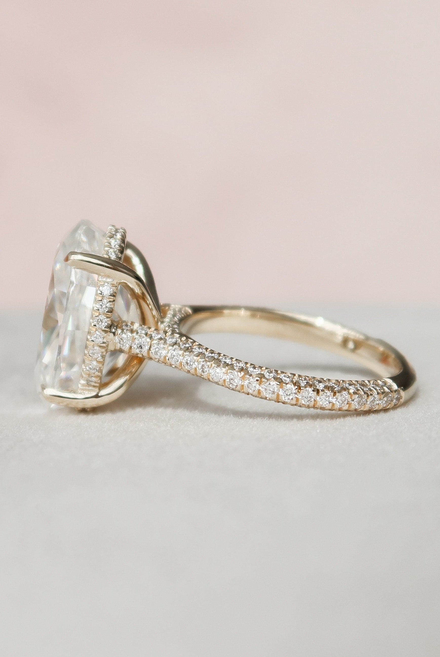 5.0CT Oval Three Sided Pave Moissanite Diamond Hidden Halo Engagement Ring