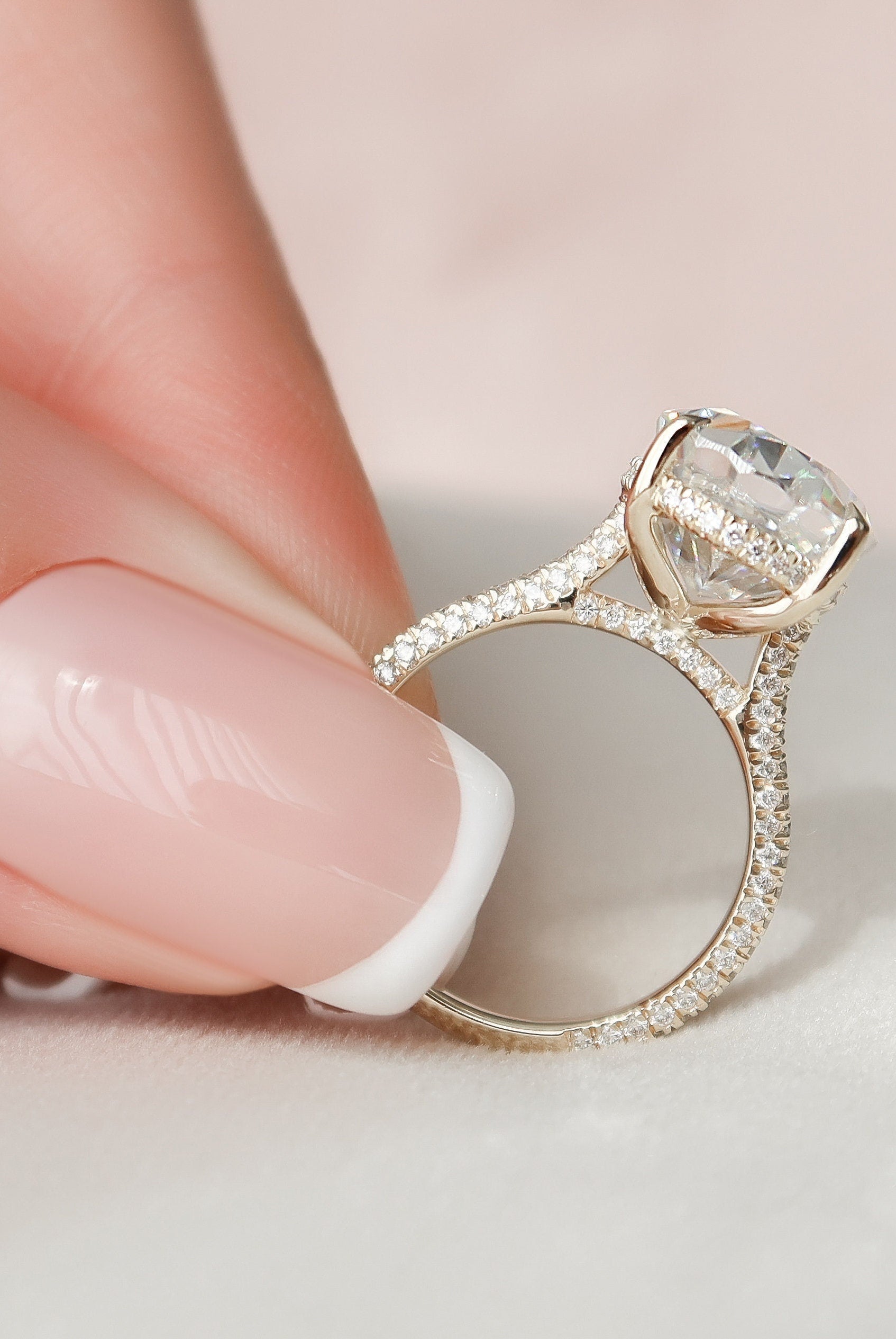 5.0CT Oval Three Sided Pave Moissanite Diamond Hidden Halo Engagement Ring