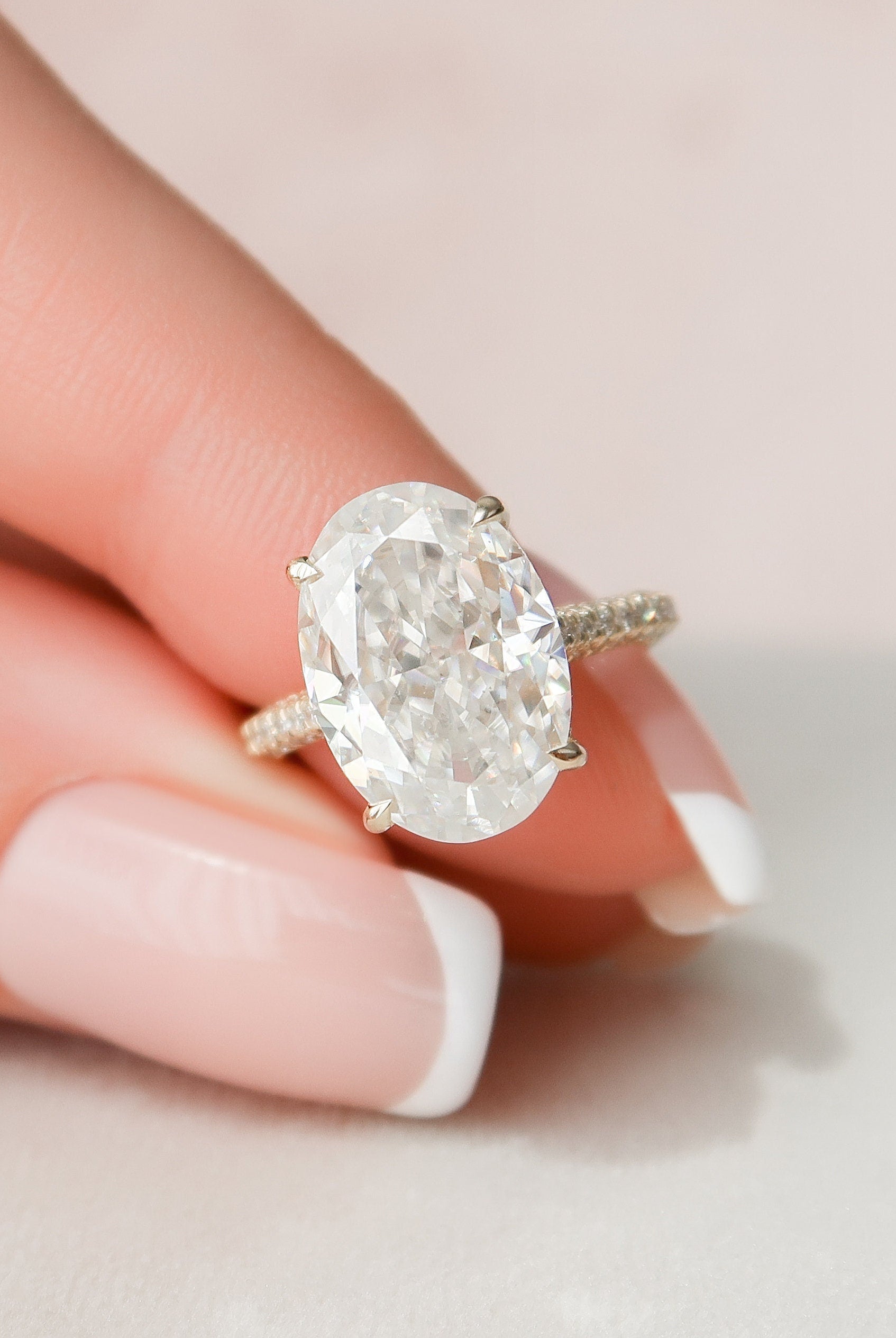 5.0CT Oval Three Sided Pave Moissanite Diamond Hidden Halo Engagement Ring
