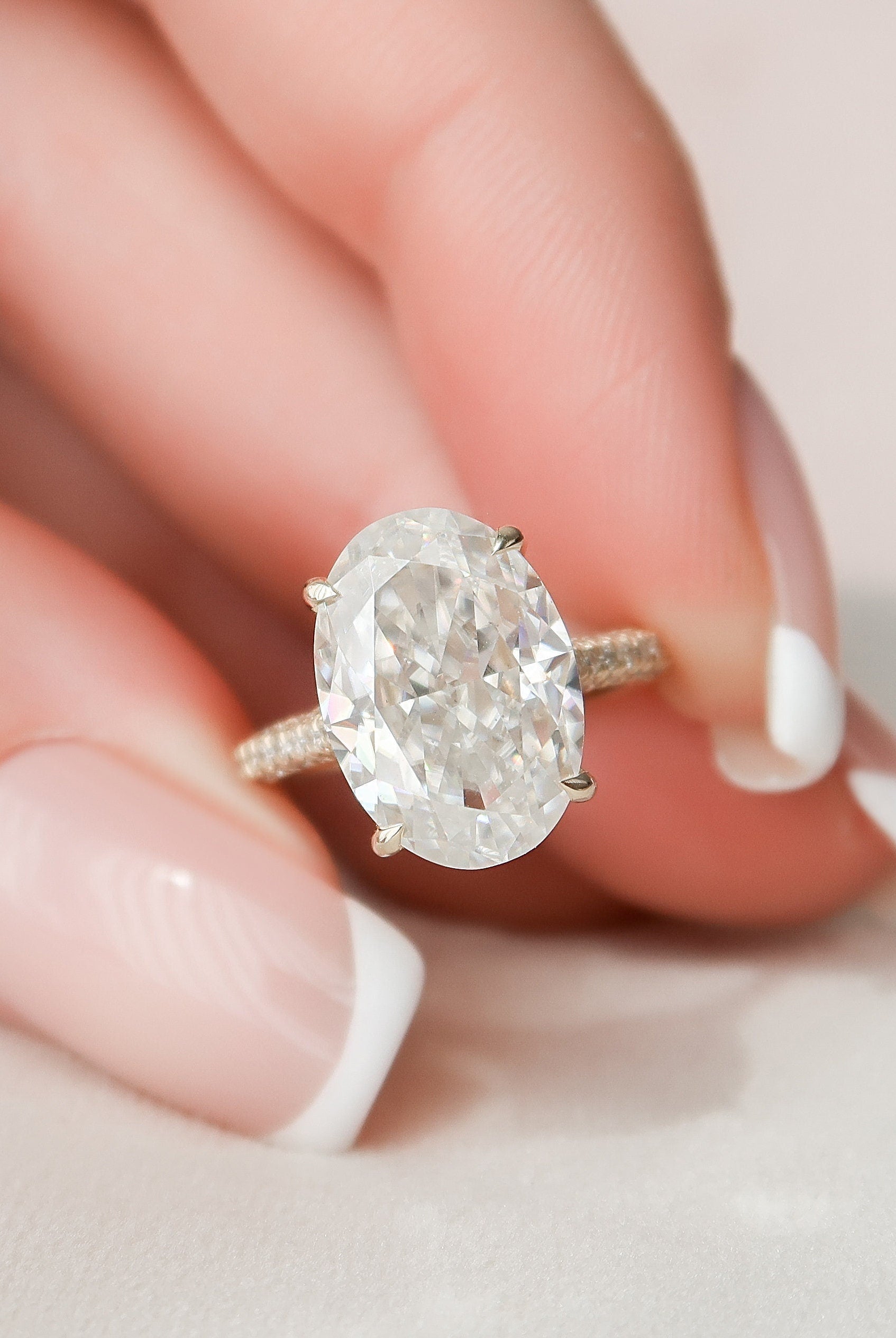 5.0CT Oval Three Sided Pave Moissanite Diamond Hidden Halo Engagement Ring
