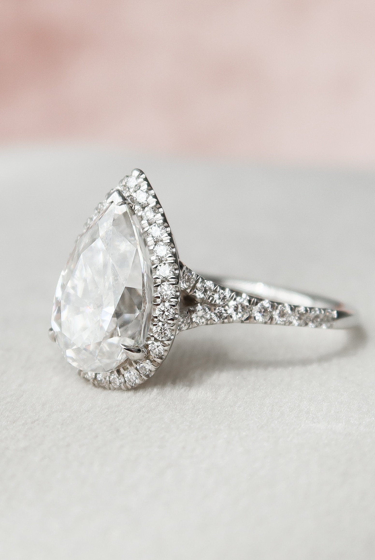 3.0CT Pear Halo Moissanite Diamond Split Shank Engagement Ring In Solid Gold